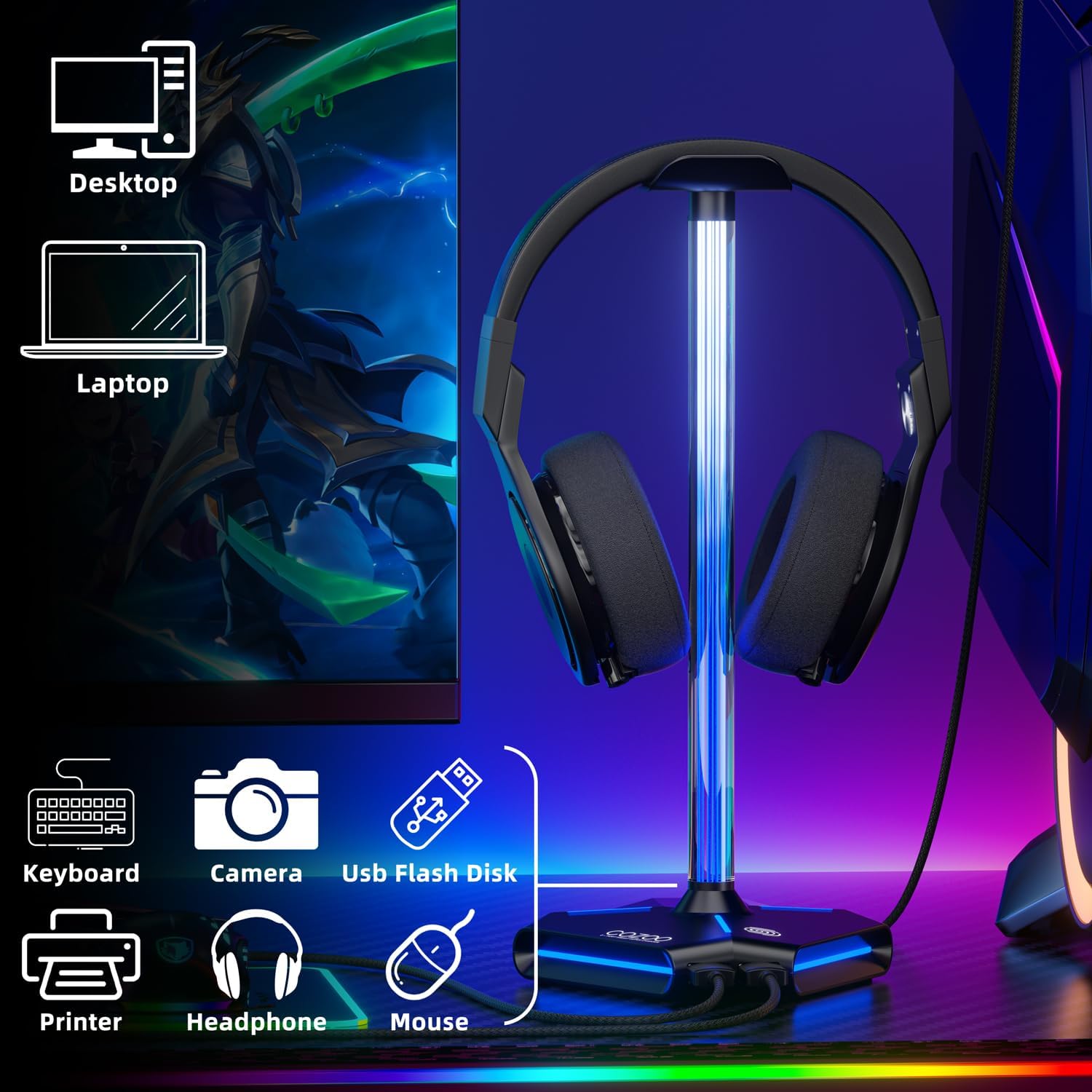 71DNpraGREL._AC_SL1500_ RGB Headphone Stand with 2 USB2.0 Extension Charging Port Extender Cord,Headset Stand Holder for Gamer Desktop Table Game Earphone Accessories,PC Gaming Accessories for Gamer,Gifts for Boyfriend