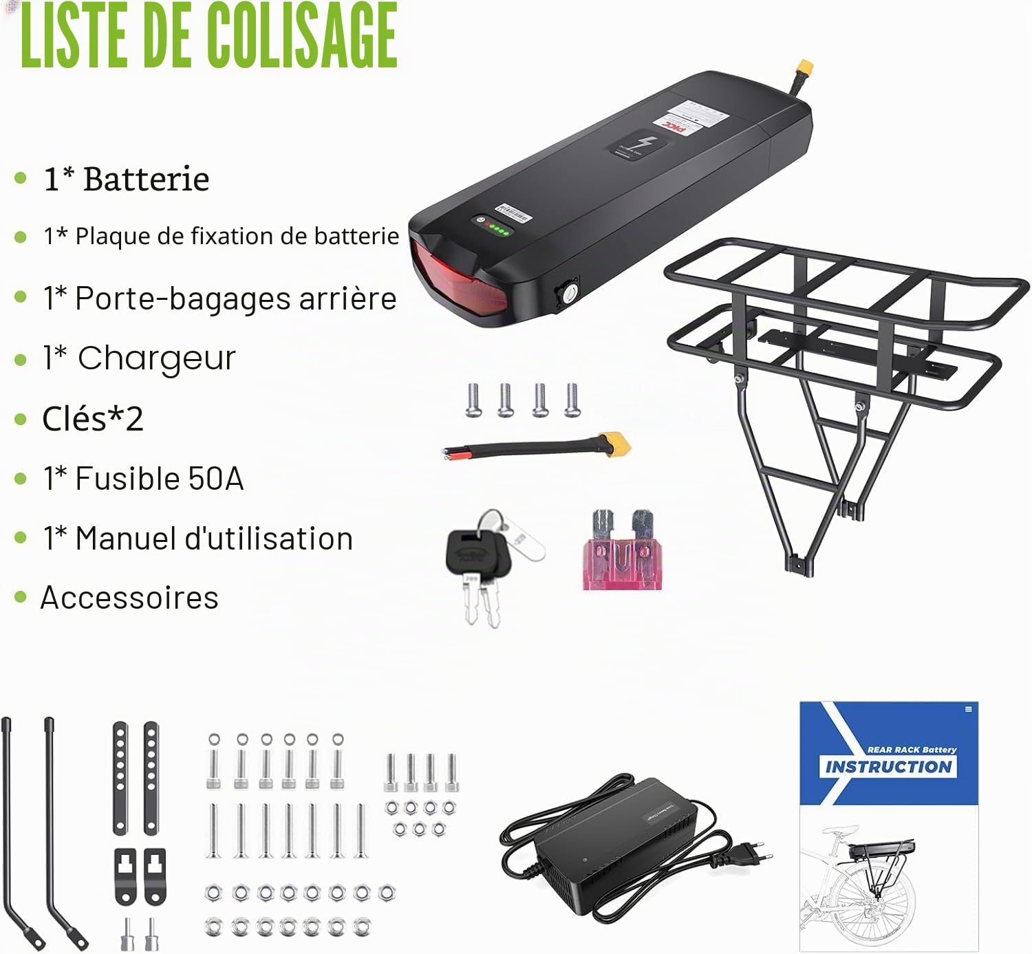 36V20,8Ah Porte-Bagages Batterie, Kit Conversion Vélo Électrique