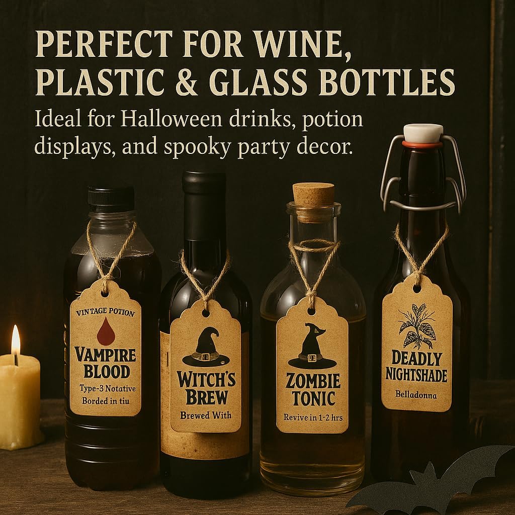 50PCS Halloween Potion Bottle Tags – Vintage Apothecary Labels for Wine Bottles, Plastic Potion Bottles, Spooky Halloween Drink Decor, Witch Bar, Party Table Decorations image 4