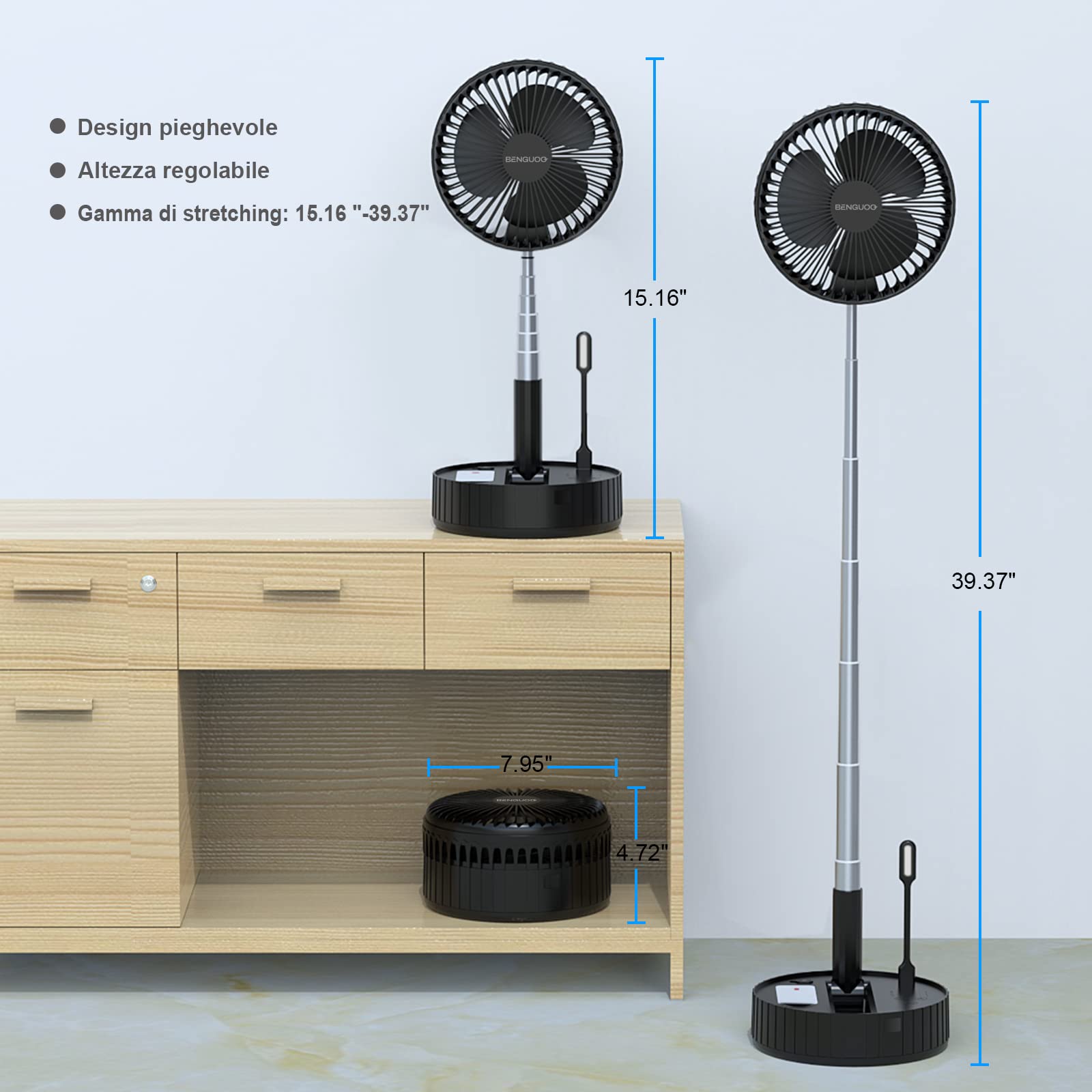 BENGUOO Ventilatore silenzioso con telecomando, USB Ventilatori a piantana e da tavolo portatile pieghevole oscillante timer 10000mAh potente batteria ricaricabile per casa ufficio campeggio Nero