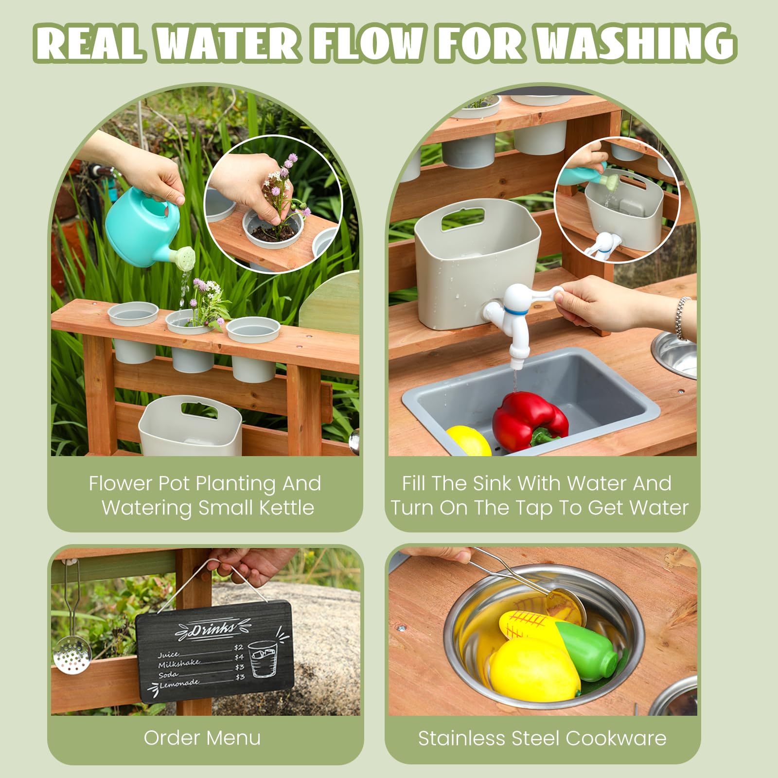 WoodenFun Cocina de juego para exteriores, cocina de jardín, cocina de barro para niños, con pizarra, hervidor de agua, fregadero, recipiente para plantas de madera, cocina infantil (verde)