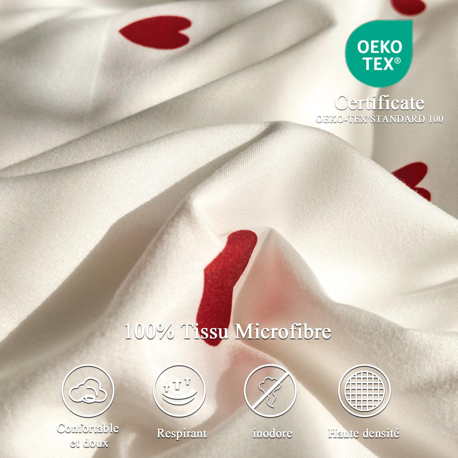 Freyamy Housse de Couette 200x200cm+2 Taie d'oreiller 65x65cm Coeur Imprimé Rouge Blanc Parure de lit 2 Personnes Adulte Motif du Cœur Sets de Housse Couette en Microfibre avec Fermeture Éclair
