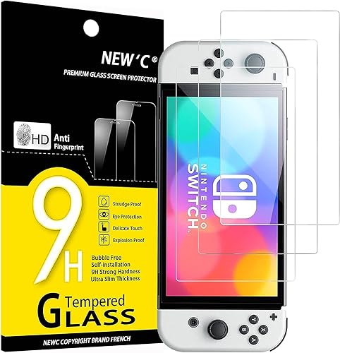 NEW'C Paquete de 3 protectores de pantalla diseñados para Nintendo Switch (modelo OLED), vidrio templado, compatible con fundas, antiarañazos, sin