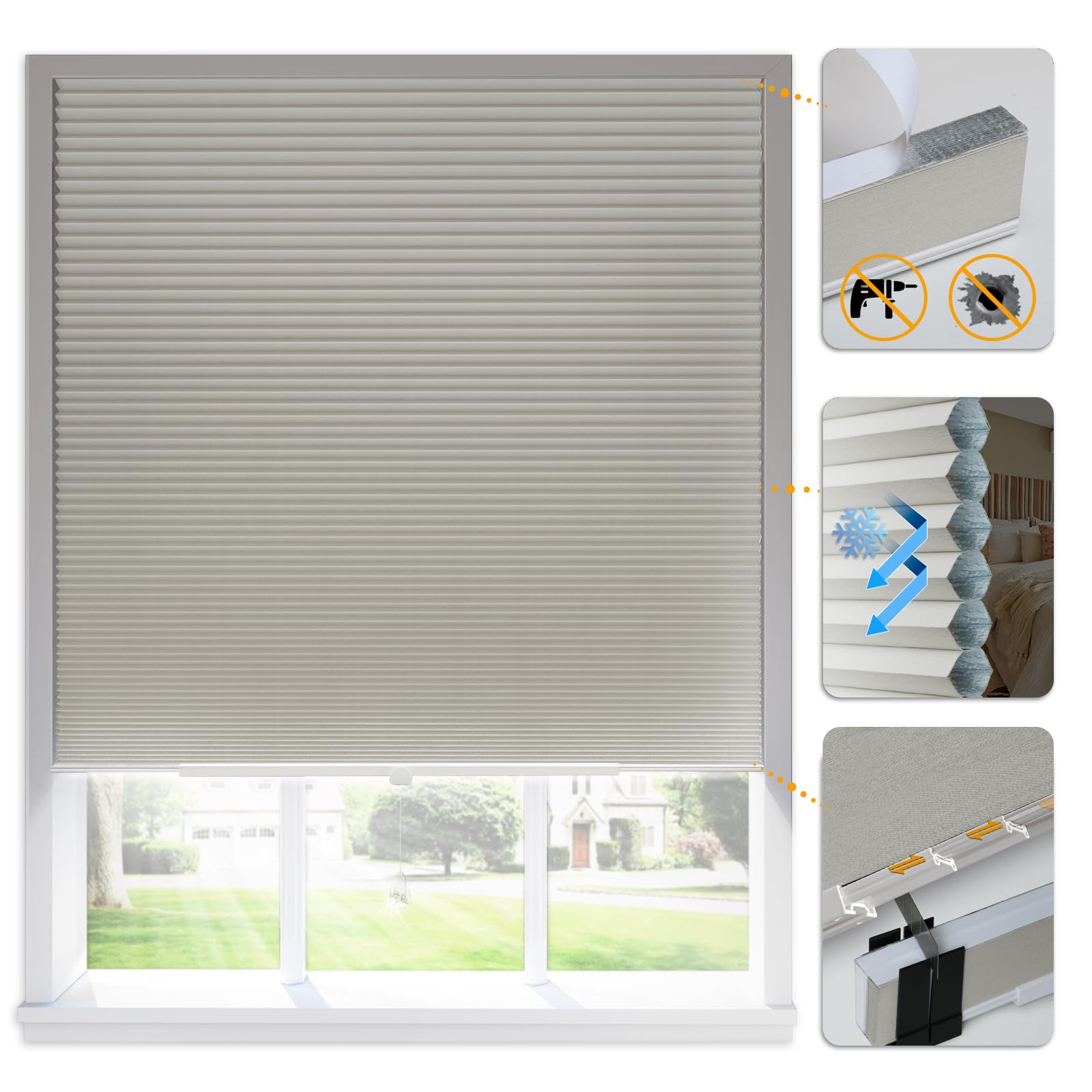 Ilot Queyries No Tools No Drill Blackout Cellular Shades ?Adhesive Trimmable Retractable Adjustable? Sliding Panel Track Honeycomb Blinds Noise Cancelling Thermal Insulated Waterproof Gray 29x64