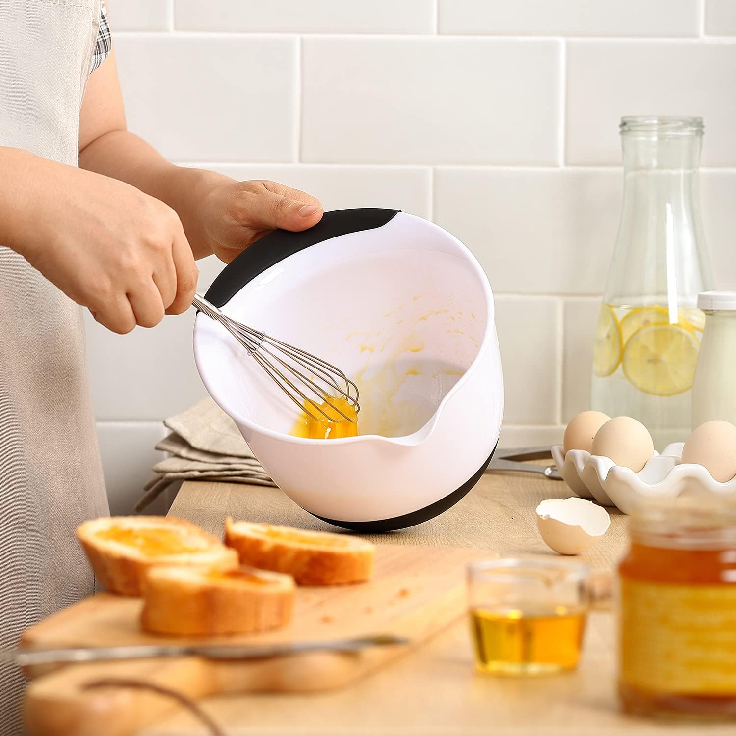 Spring Chef Mixing Bowl, Soft Grip, Non-skid With Pour Spout - White - 5 Quart
