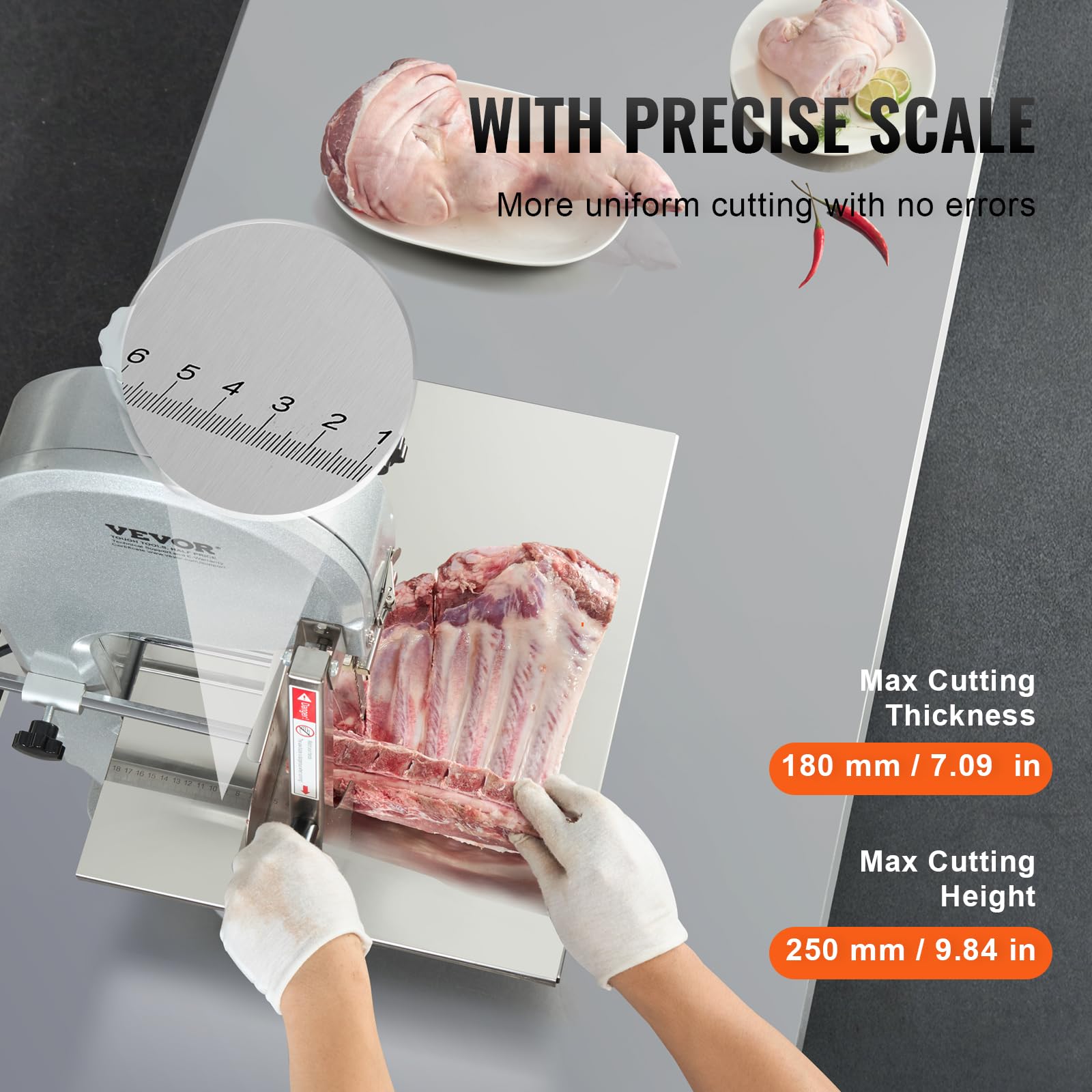 VEVOR kommerzielle elektrische Fleischbandsäge Knochenschneidemaschine, 1800 W Tisch-Knochensäge, 380 x 485 mm Werkbank, Gefrierfleischschneider mit 5 Klingen für Rippchen, Schweinefleisch
