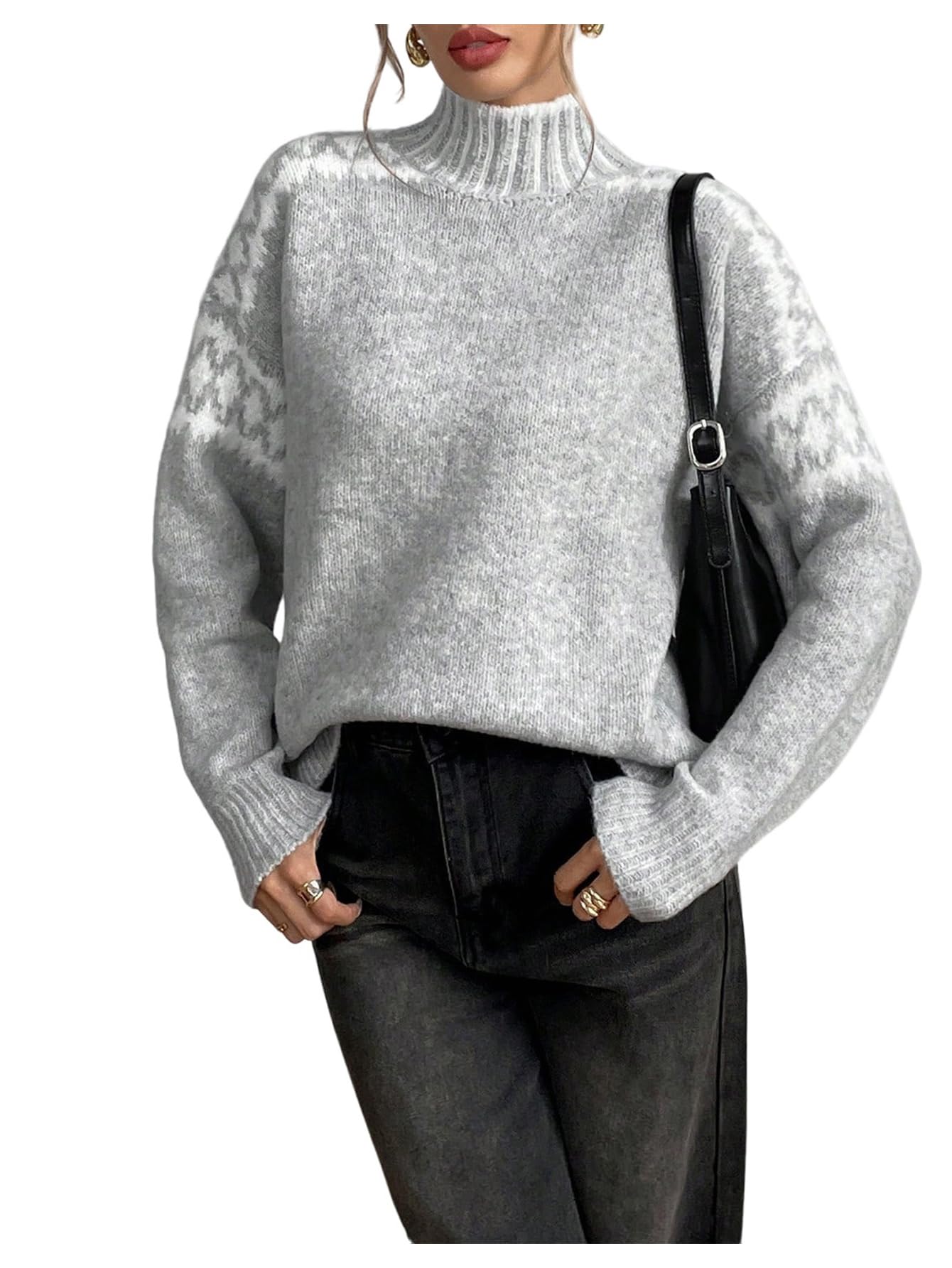 Verdusa Womens Fall Outfit High Neck Cozy Sweaters Long Sleeve Loose Knitted Pullovers