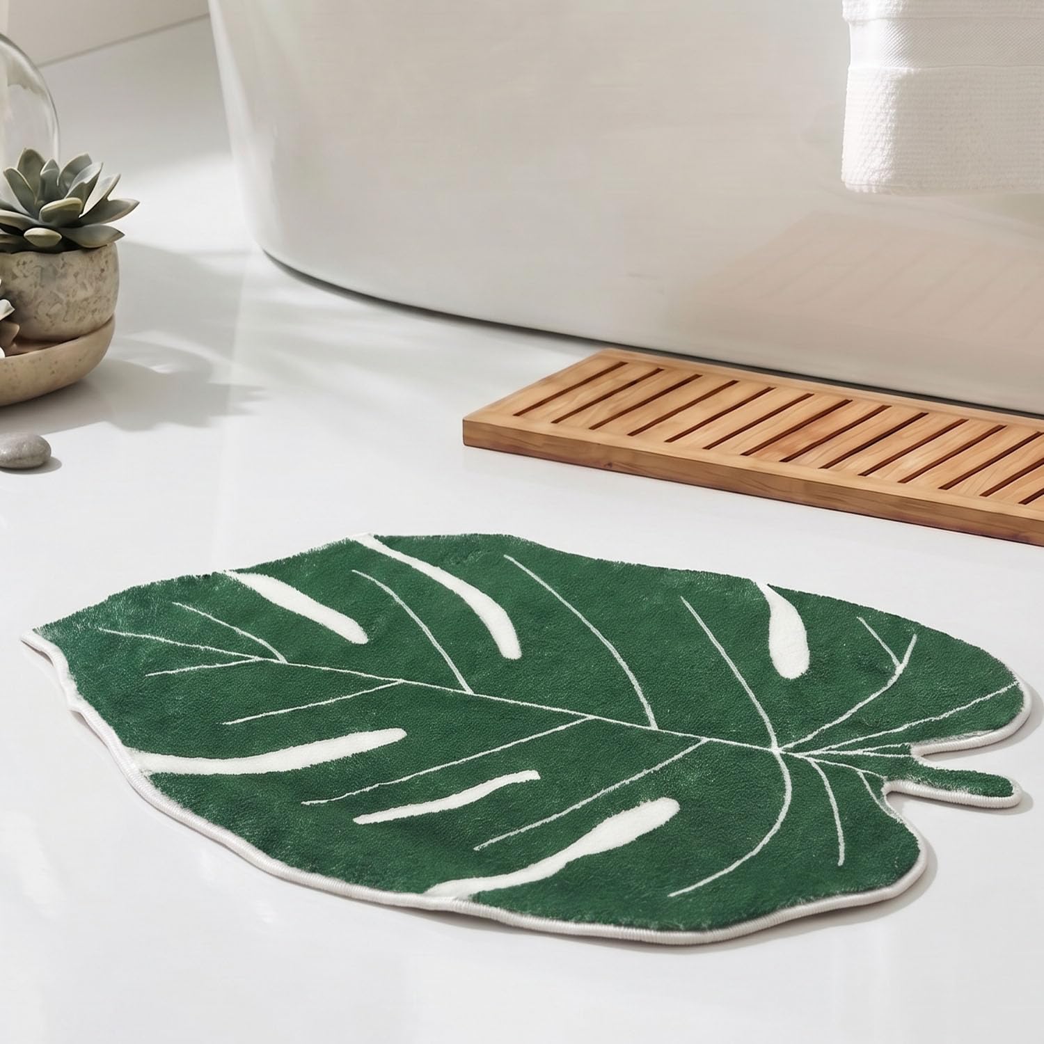 Monstera Leaf Bath Mat, 60 x 40 cm, Green Non-Slip Bathroom Rug, Washable