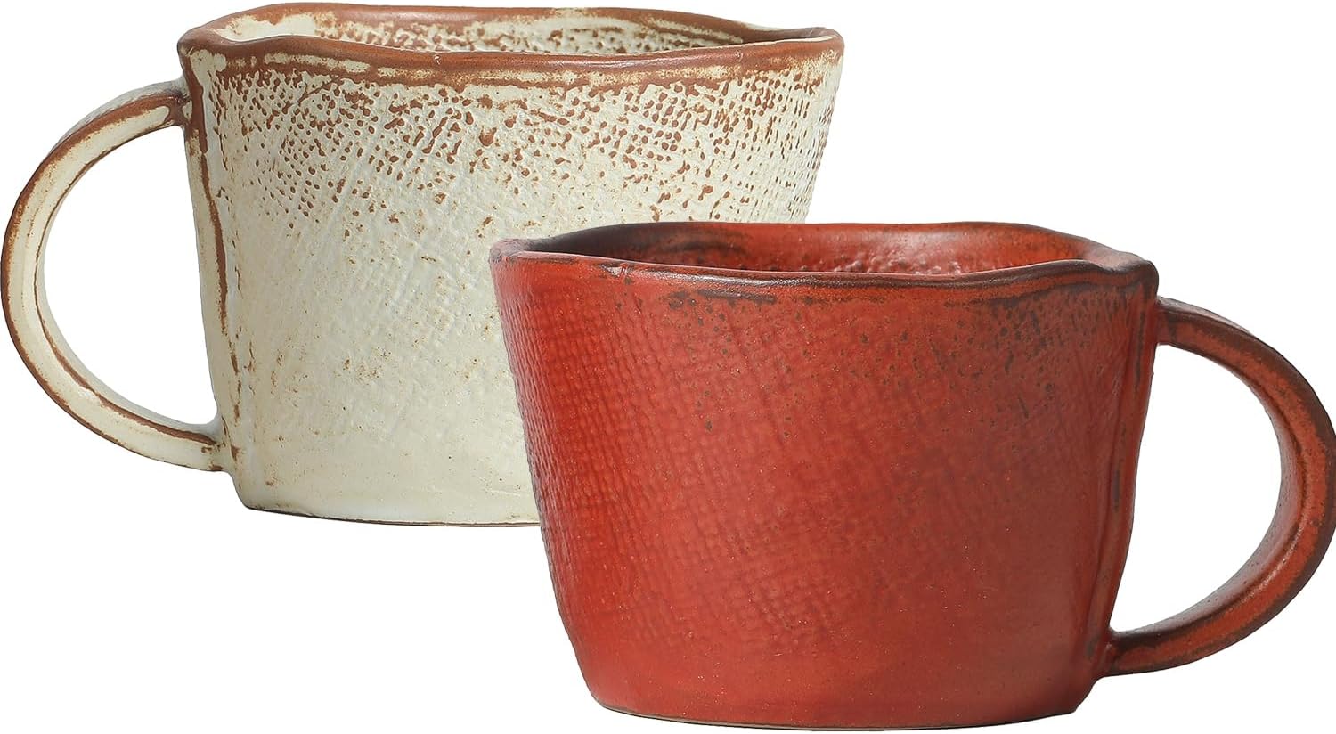 Handmade Primitive Coffee Mugs, Old Barn Weathered Design Ceramic Coffee Cup Set of 2, 8 oz(Beige and Red) beige+red