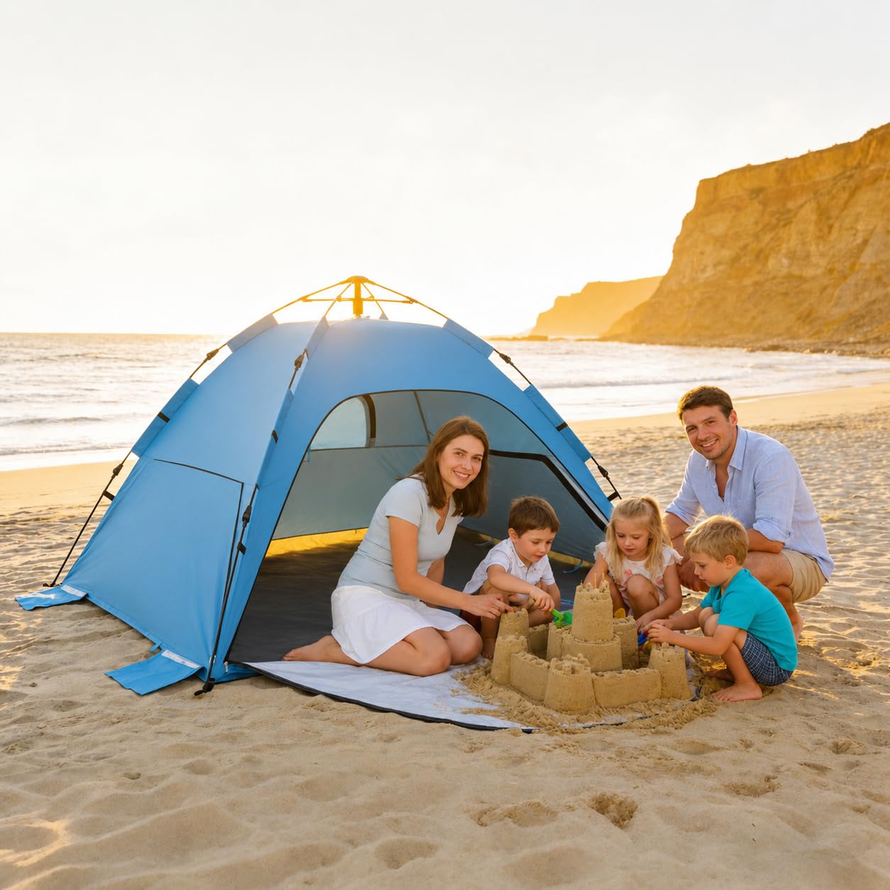 Abri de plage pop-up avec protection UV 50+, tente de plage automatique pour 2 à 3 personnes, abri de plage pop-up XXL avec tapis étendu, tente légère de protection contre le vent pour bébé et famille