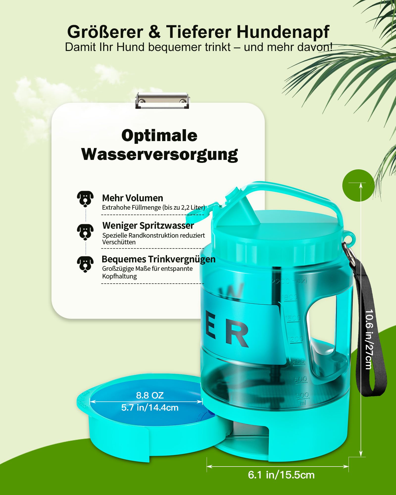 lesotc 2200ml Borraccia per Cani Portatile, Borraccia Cane Portatile – Ciotola Anti‑Perdita, Indispensabile per Attività All'Aperto, Viaggi, Passeggiate, Campeggio, Spiaggia, Ecc （Verde Menta）