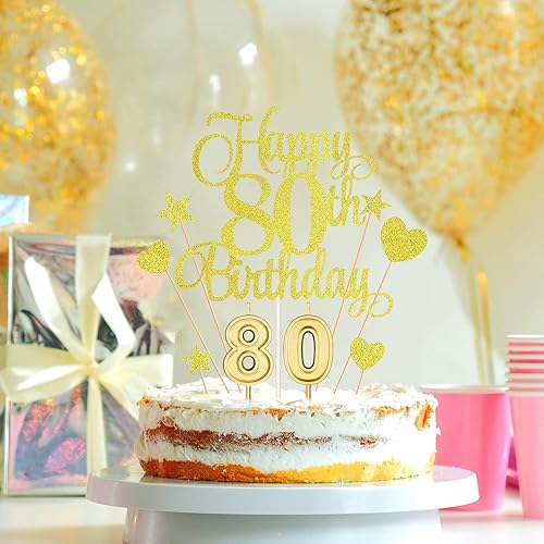 Miniatura 6 de El juego de decoraciones para tartas de cumpleaños número 80 incluye velas de 80 cumpleaños número 80 velas y adornos para pasteles de feliz