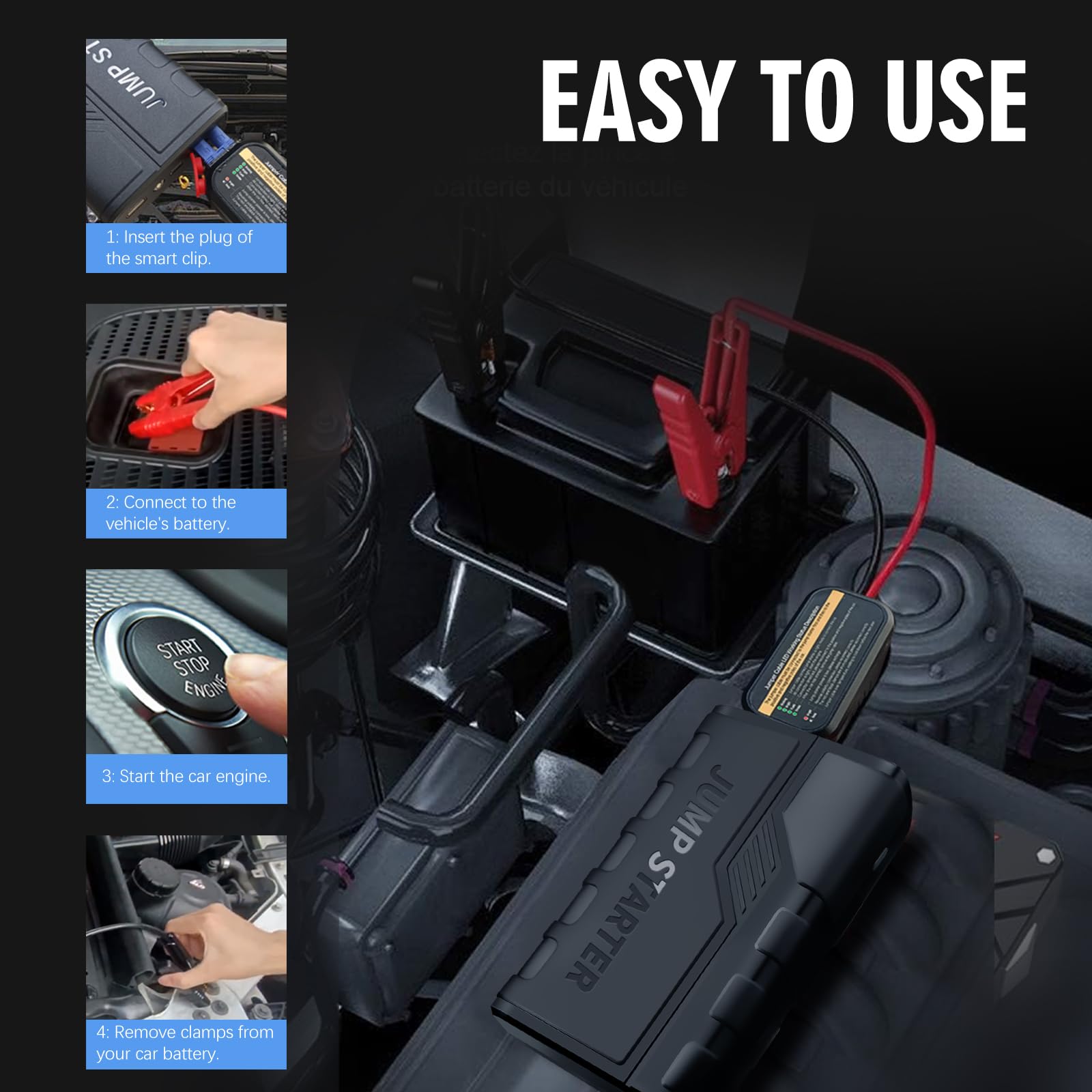 Booster Batterie Voiture Portable, Momowin Jump Starter 1500A(Jusqu'à 7,0L Essence ou 5,5L Gazole), Démarreur de Voiture 12V avec Pinces de Sûreté Intelligentes , 3 Modes de Lumières LED