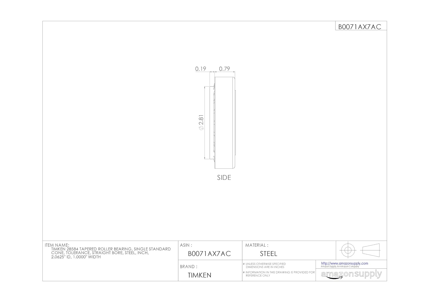 Timken 28584 Tapered Roller Bearing, Single Cone, Standard Tolerance, Straight Bore, Steel, Inch, 2.0625" ID, 1.0000" Width