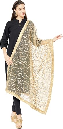 DUPATTA BAZAAR Womans Gold Net Dupatta with heavy Golden work.