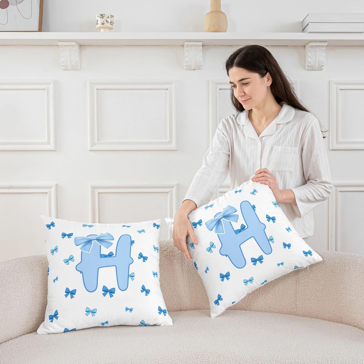 Castle Fairy Initial Letter H Pillow Cover for Sofa Couch Chair,Monogrammed Bowknot Throw Pillow Case Cover,Cute Blue Bow Double Sides Print Cushion Cover Room Decor,Single Pack 22"x 22" image 2
