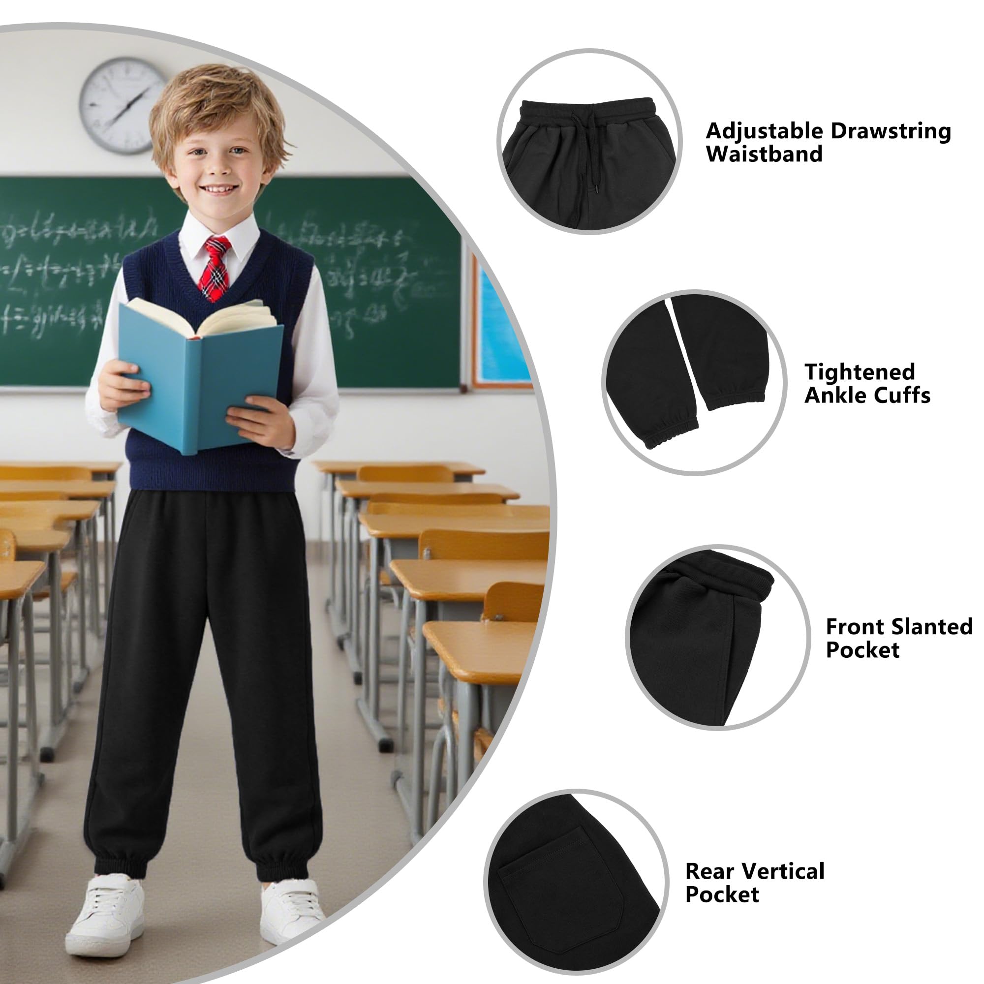 Pantaloni da Jogging Bambino Ragazzi Cotone Morbido Vita Elastica Coulisse Regolabile Tasche Sportivi 4-12 Anni