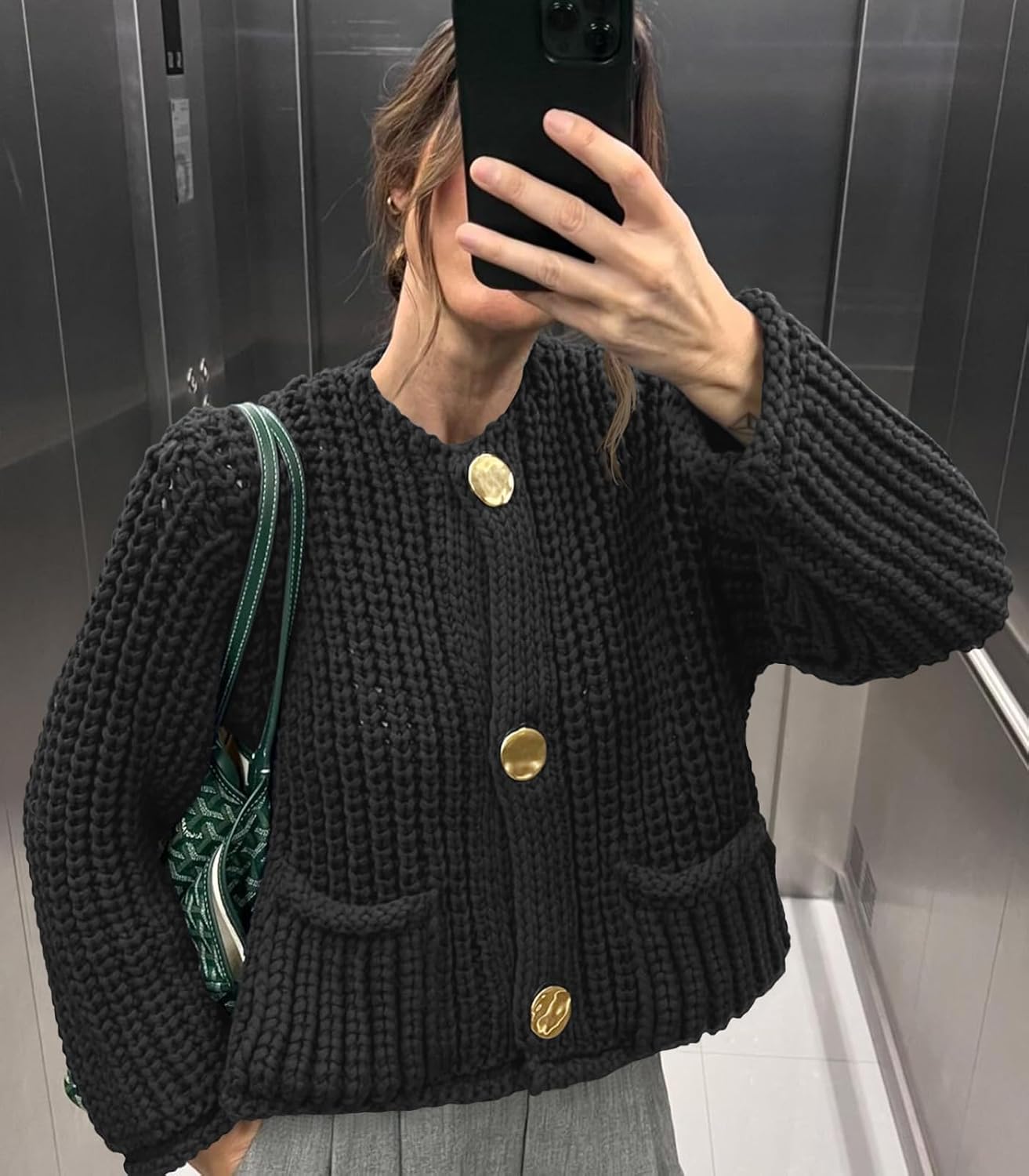 Saodimallsu Womens Button Up Sweaters Fall Chunky Knit Cropped Trendy Crewneck Loose Cardigan with Pockets - Image 3