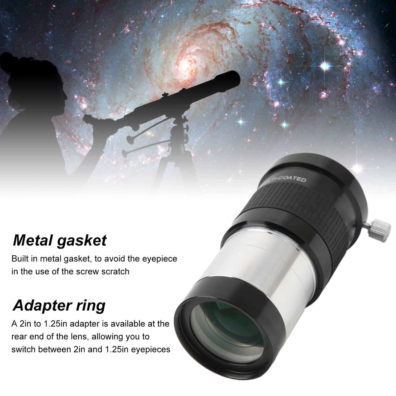Lente di Barlow da 2 Pollici 2X Lente di Barlow in Metallo con Rivestimento Multiplo per Telescopi da 2 Pollici Oculare con Anello Adattatore da 2 Pollici a 1,25 Pollici per Oculare del Telescopio