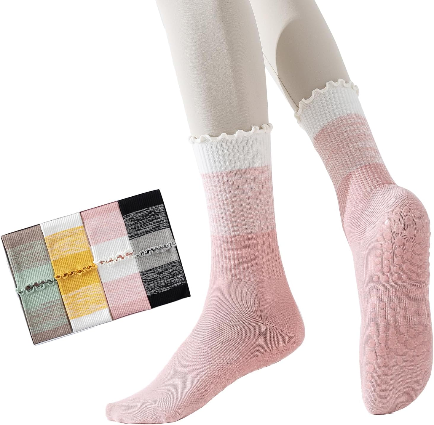 2/4 Pairs Pilates Socks with Grips for Women,Cute Grippy Yoga Non Slip Ruffle Sock for Ballet Barre Barefoot Hospital Workout