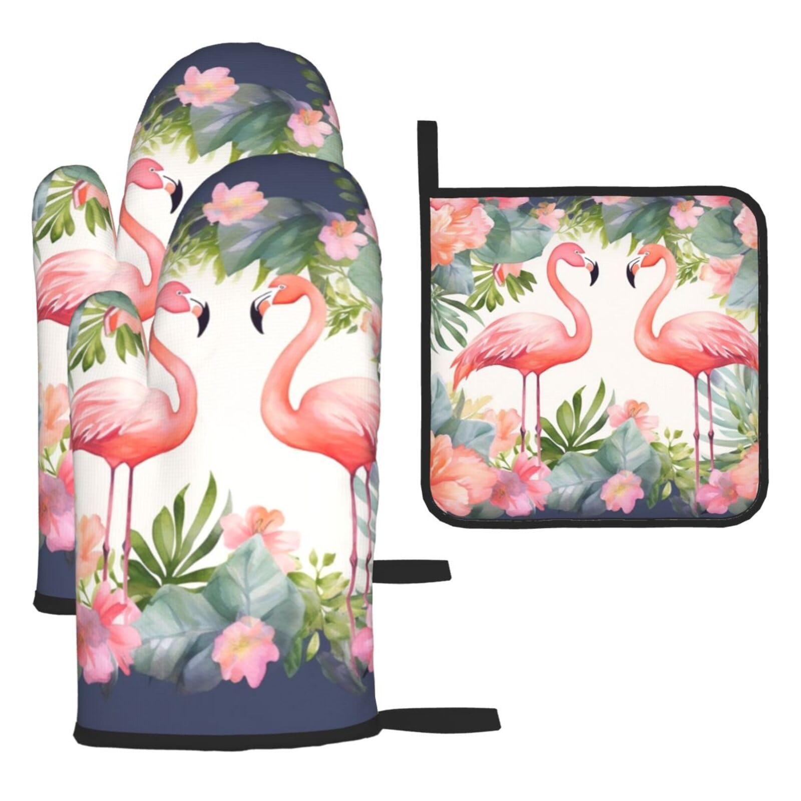 3 Piece Oven Mitts and Pot Holders Set Heat Resistant Oven Gloves and Potholders BBQ Gloves Hot Pads Flamingos and Flowers Cooking Gloves for Kitchen Baking Grilling
