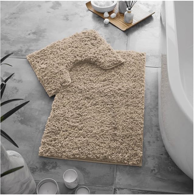 GC GAVENO CAVAILIA Zero Twist Fluffy Natural Bath Mat Sets 2 Piece Washable, Quick Drying & Water Absorbent Super Soft Washable Rug Non Slip Shower Bath Mats For Bathroom Pedestal Mat For Toilet