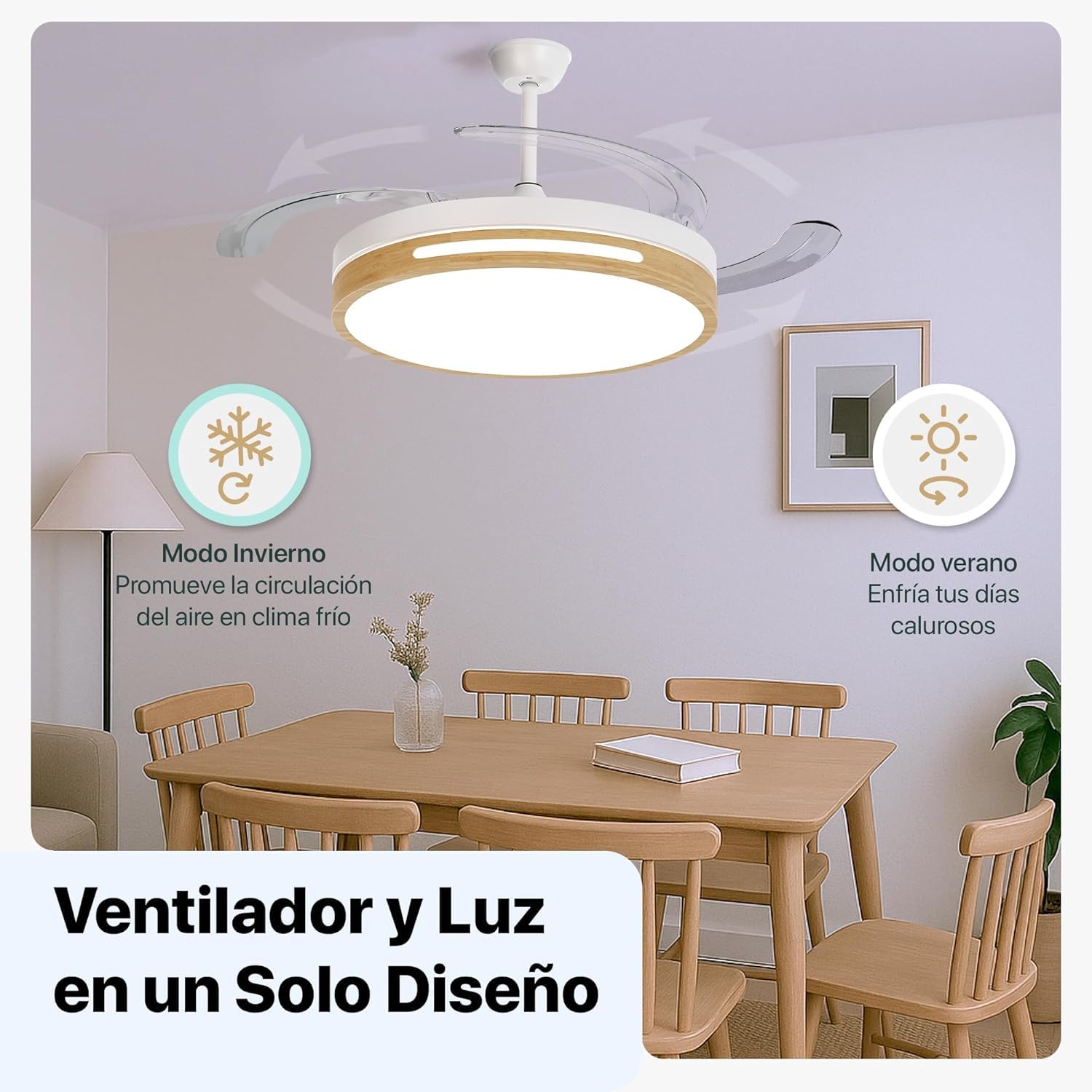 Ventilador de Techo LED con Aspas Retráctiles, Silencioso con Mando a Distancia motor DC 30W+Luz Led 54W, 6 velocidades con Memoria de la luz (Madera)