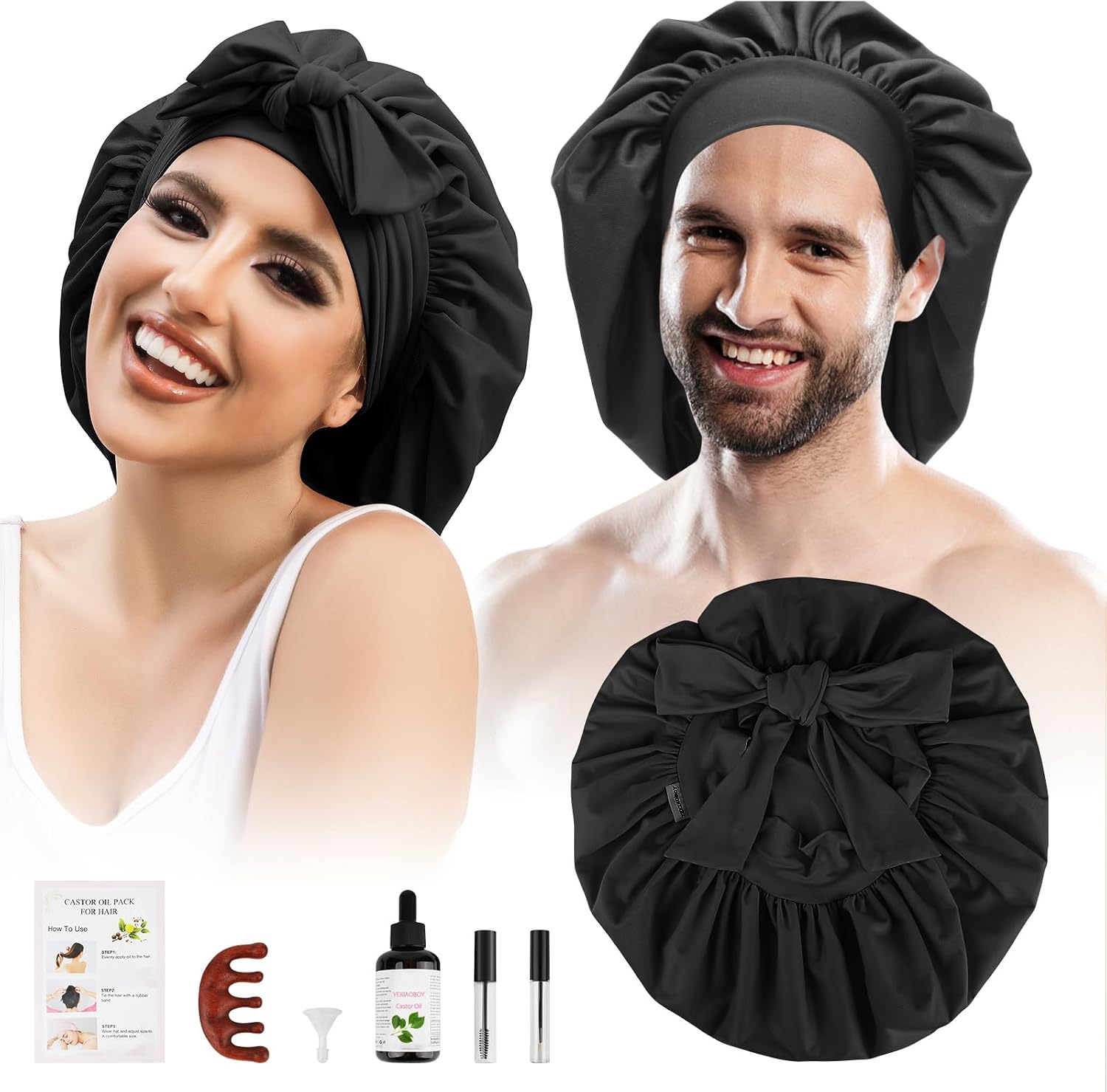 Organic Castor Oil for Hair Scalp Beard Growth – Overnight No Mess Cap Set | Includes anti-leak sleep cap + wooden comb + lash/brow tools – all-in-one overnight kit for scalp & beard