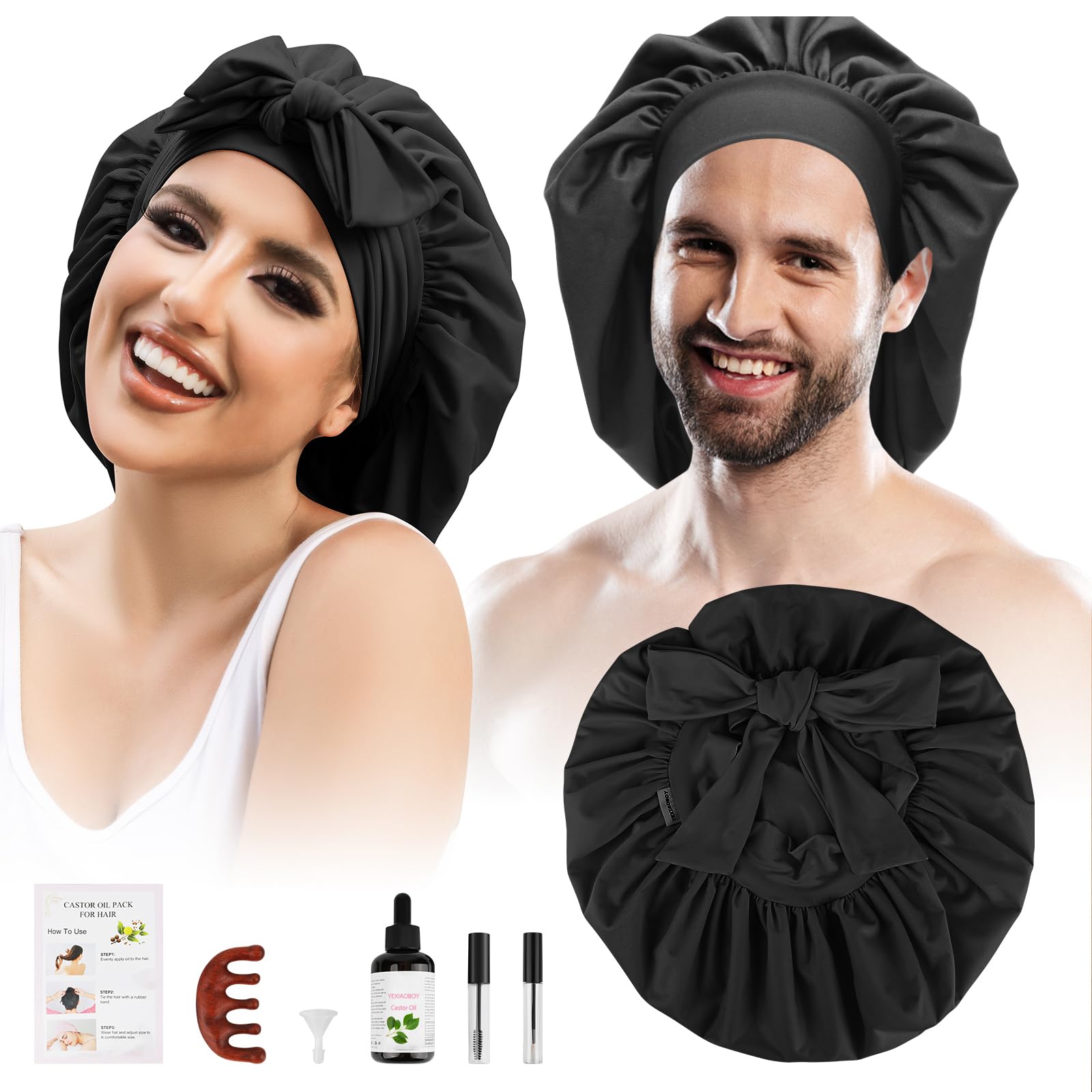 Castor Oil Pack Wrap, Organic Cotton Castor Oil Hat for Head, Moisturizing Skin Friendly Castor Oil Pack Kit with 4Oz Jamaican Black Castor Oil in a Gift Box for Friend, Black Color