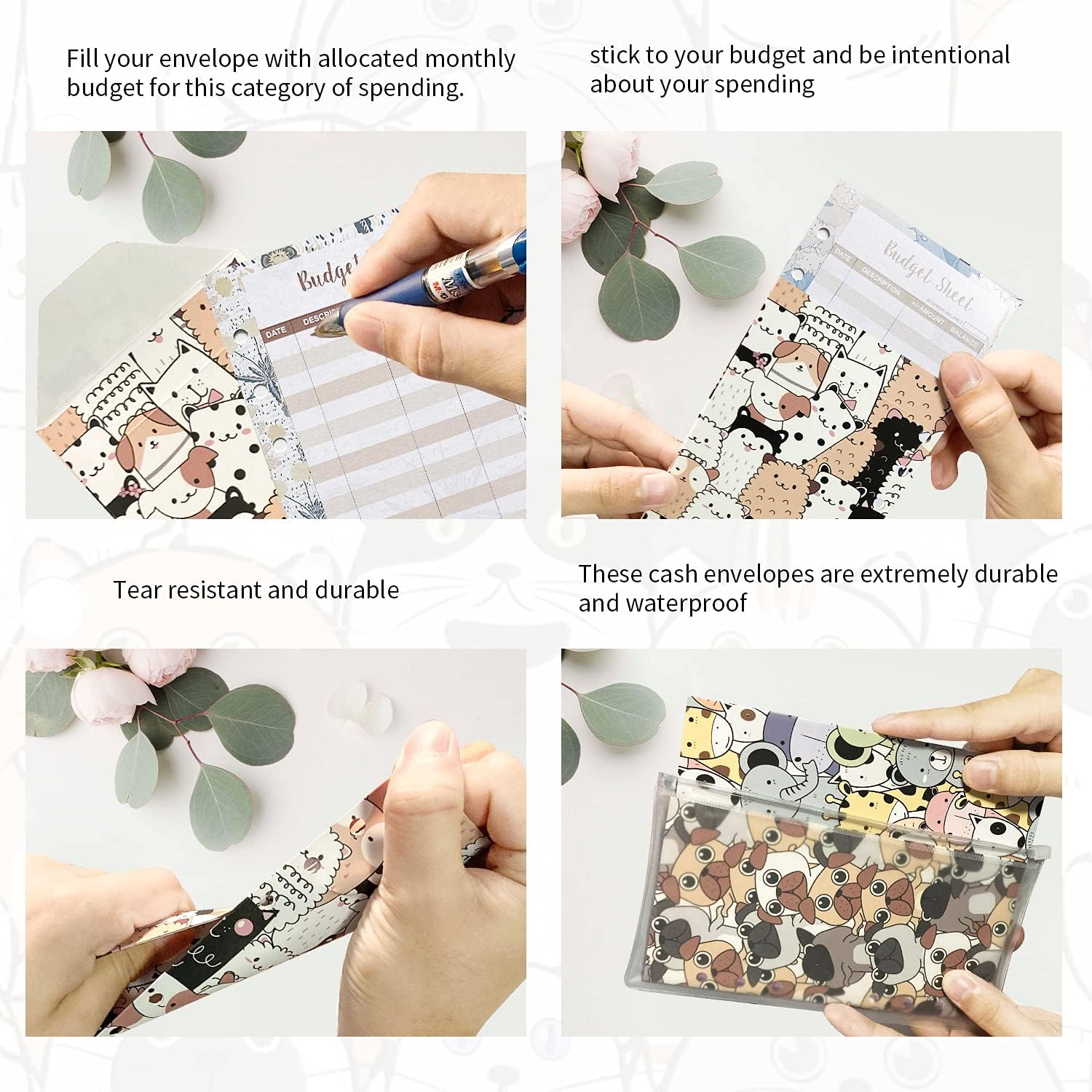 12 Budget Envelopes - Laminated Cash Envelope System for Money Savings Cute Animal Theme, with Expense Tracker Sheets for Finance Record, Tear and Water Resistant : Office Products