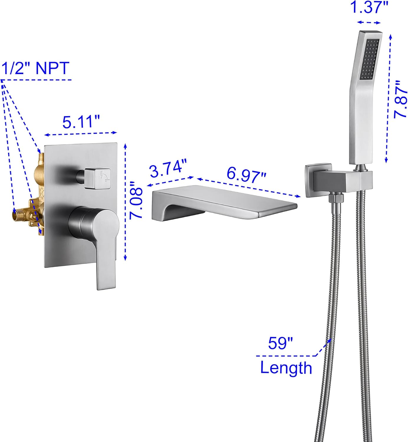 SHAMANDA Waterfall Wall Mounted Bathtub Faucet with Hand Shower, Bathroom Single Handle Tub Faucet Modern Brass Tub Shower Faucet Set(Including Rough-In Valve Body and Trim), Brushed Nickel, L901-2