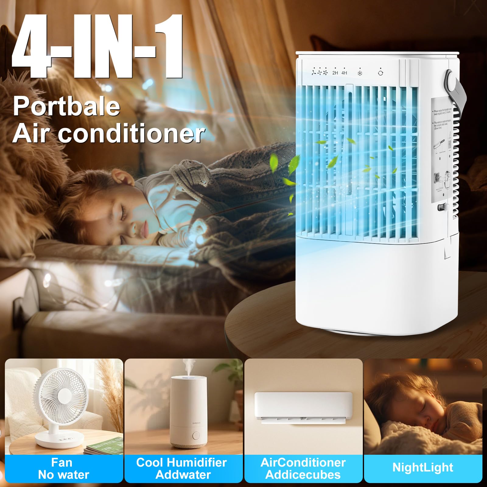 Mobile Klimaanlage mit 900ml Wassertank, Ventilator | 2/4 h Timer, 3 Windgeschwindigkeiten, Sprühfunktion, 7 Farben Licht, Mini Luftkühler für Schlafzimmer und Büro