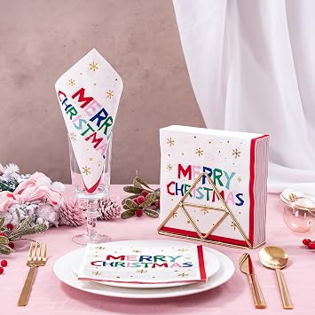 WRAPAHOLIC 50Pcs Christmas Paper Napkins - 3 Ply Colorful Merry Christmas Disposable Luncheon Napkin for Xmas Party Supplies Tableware, Xmas Holiday - 6. 5 x 6.5 In