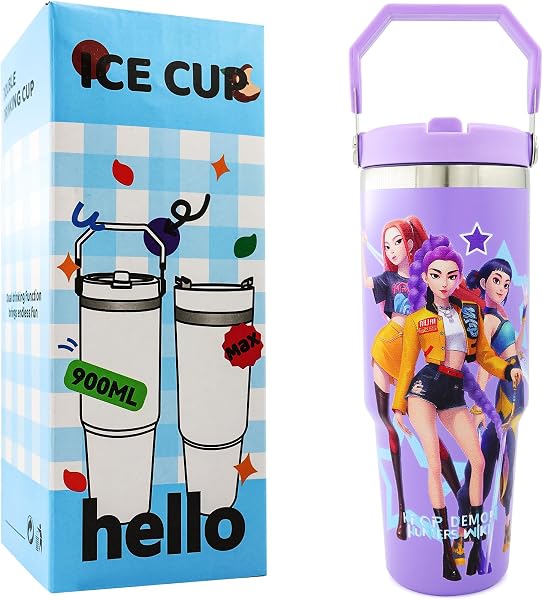 Demon Hunters 32oz Bottle Stainless Steel Drinking Bottle with Handle and Straw for Daily Hydration (Light Purple) - 1