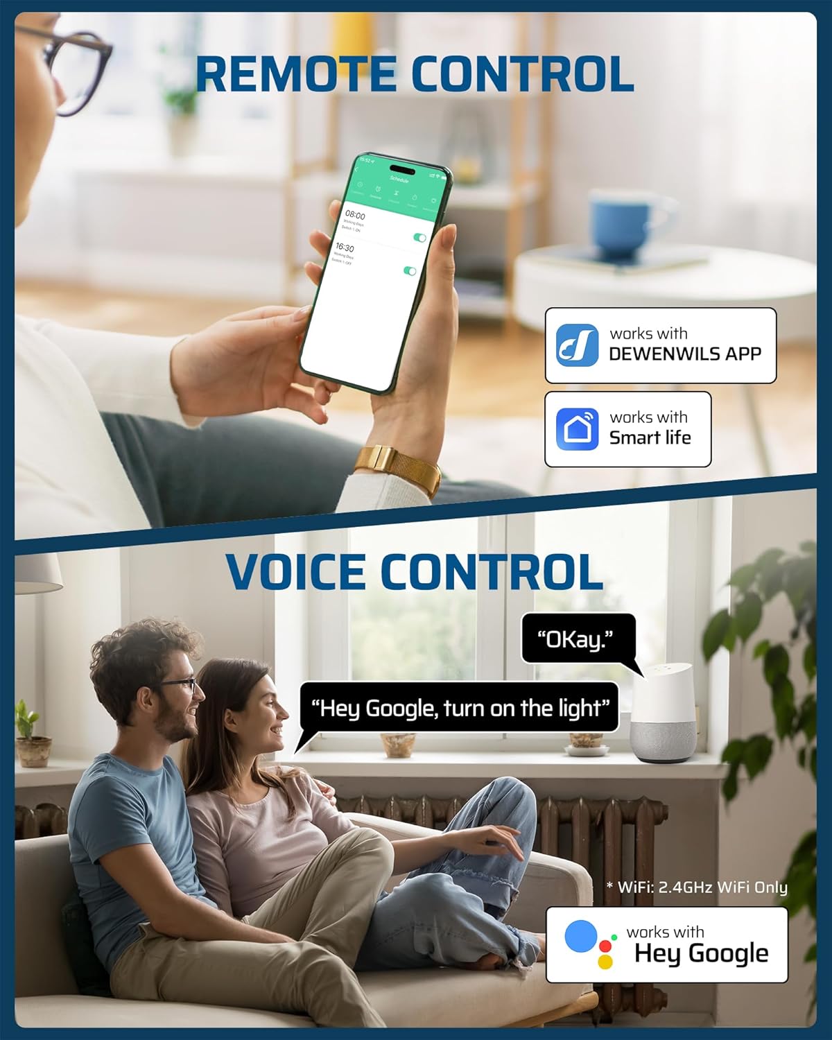Smartphone displaying DEWENWILS app for remote control and voice assistant devices