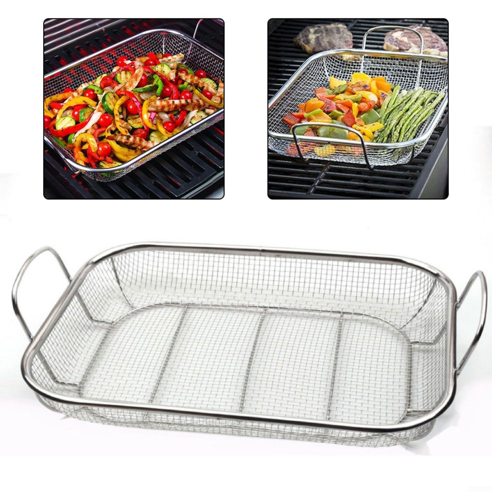 Grande griglia in acciaio inox, 38 x 28 cm, accessorio per barbecue per verdure, carne e frutti di mare, strumento essenziale per grigliare all'aperto