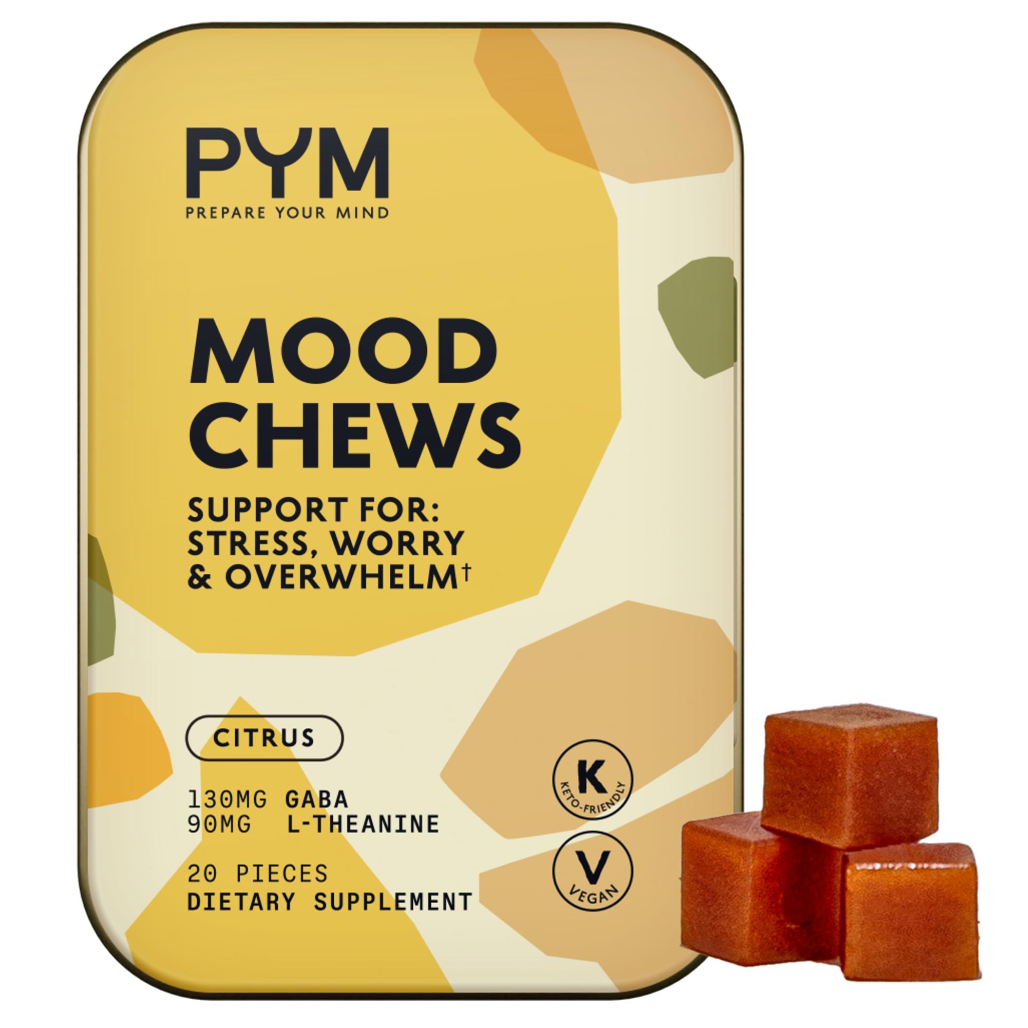 PYM Citrus Mood Chews Support for Stress, Worry & Overwhelm, 20 Count | 130mg GABA, 90mg L-Theanine | Vegan, Non-GMO, Gluten-Free, No Added Sugar | All-Natural Mood Balance Supplement Made in USA