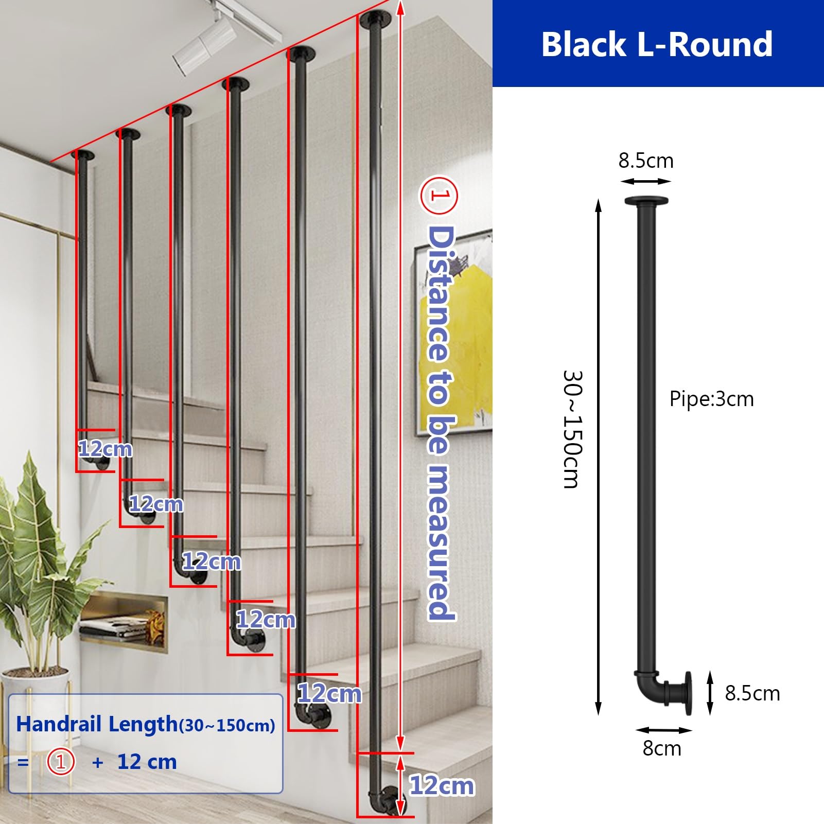 MARXAN Balaustra per gradini montata lateralmente, ringhiera in Tubo di Ferro Industriale Nero, corrimano per balaustra per Scale per Interni, soppalchi, gradini, Scale per terrazze(40cm)