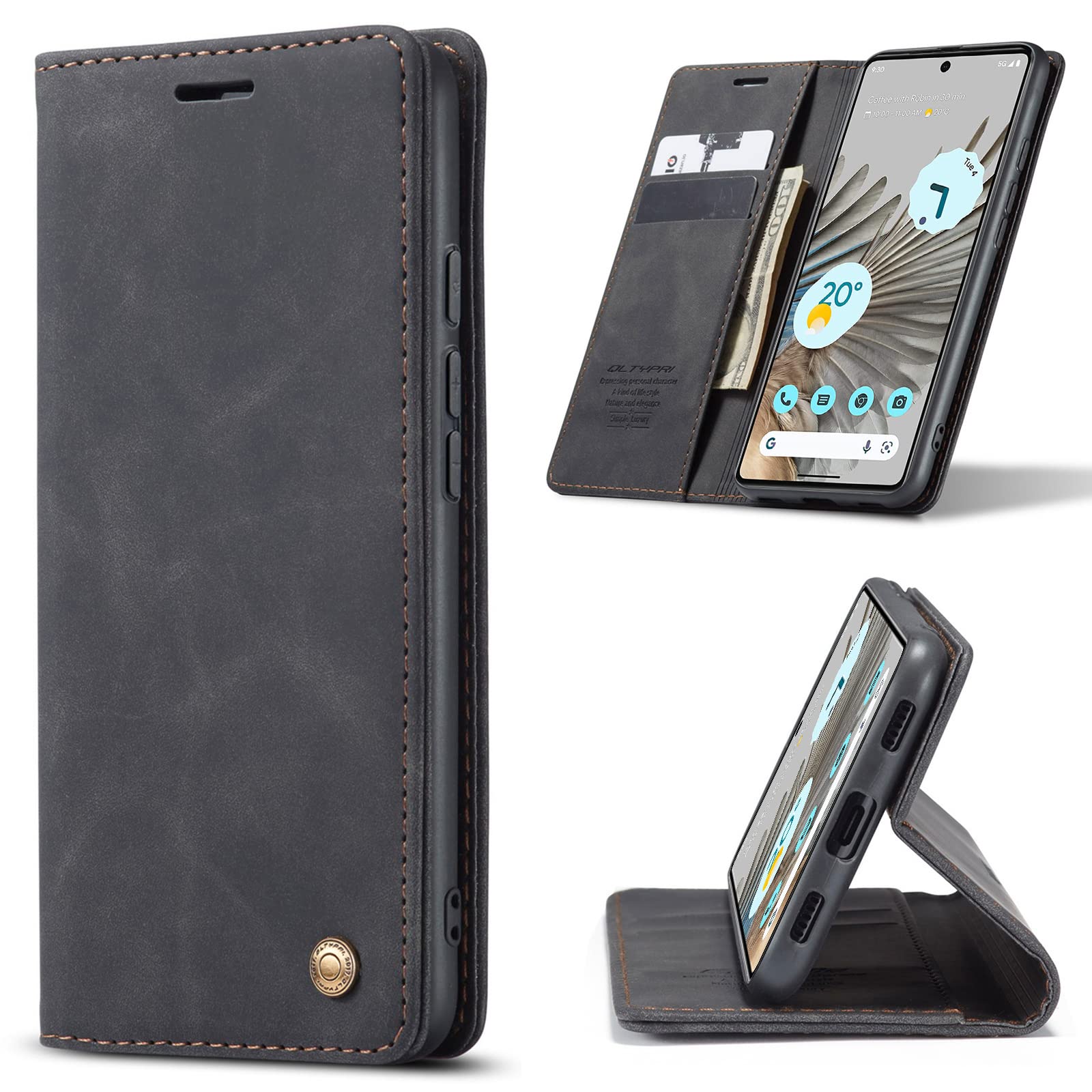 QLTYPRI Etui na Google Pixel 6 Pro, vintage, ze skóry PU, portfel etui z przegródką na karty, podpórka, magnetyczne zamknięcie, odporne na wstrząsy, z klapką, etui do Google Pixel 6 Pro - czarne