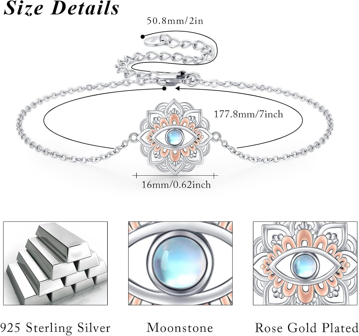 CUOKA MIRACLE Lotus Bracelet for Women 925 Sterling Silver Moonstone/7 Chakra Yoga Lotus Bracelets Yoga Jewelry Gifts for Women