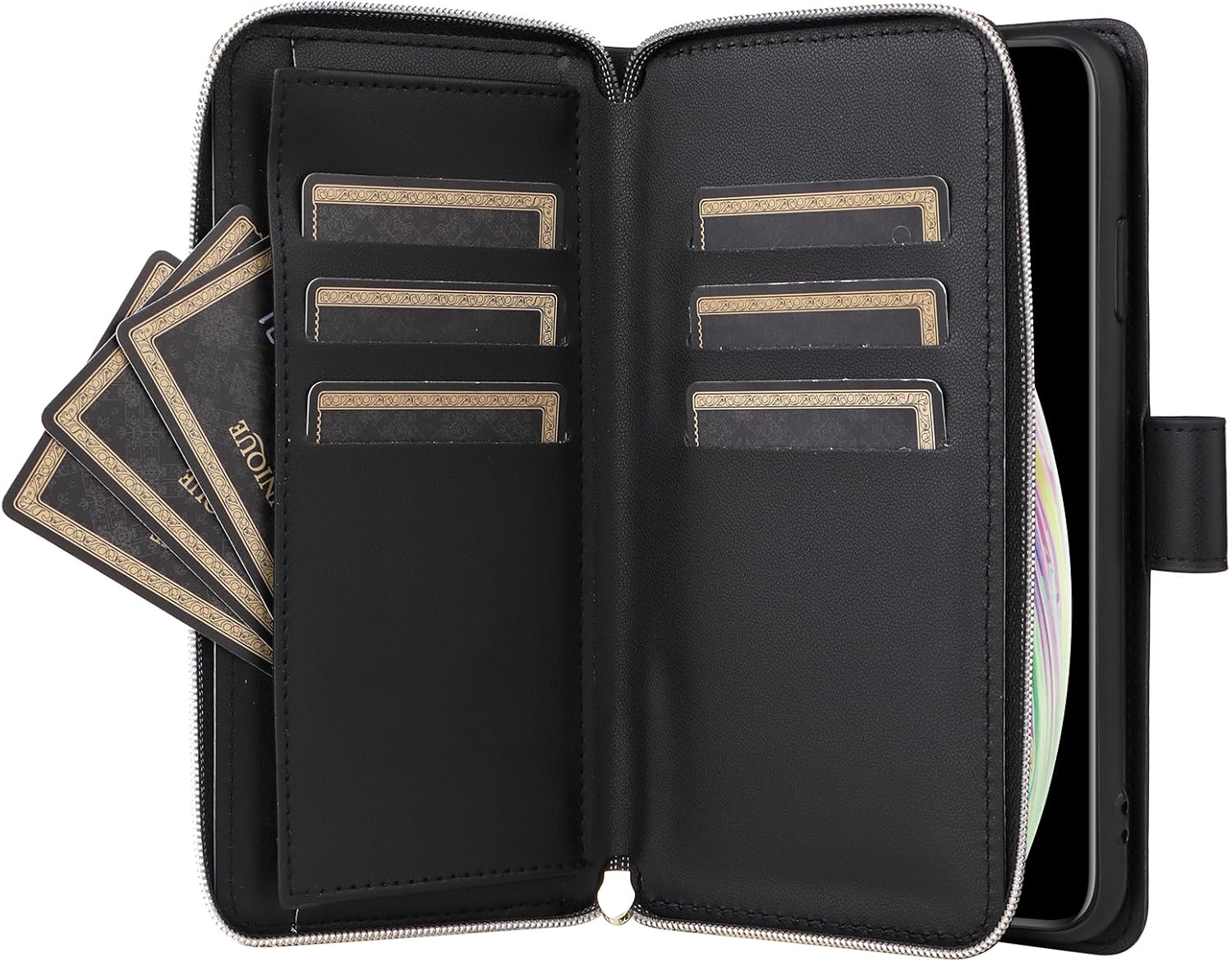 Asuwish Phone Case for iPhone Xs Max Wallet Cover with Tempered Glass Screen Protector Strap Card Holder PU Leather Flip Cell Zipper i X XR Xsmax 10x SX Xmax 10xs 10s 10 Plus Xmaxs Women Girls Black