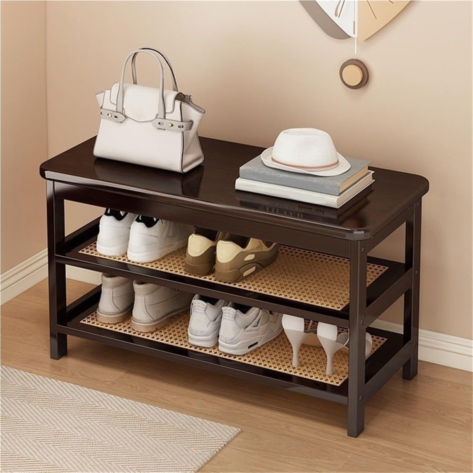 Étagère de rangement pour entrée et salon avec banc à chaussures marron à 2 niveaux