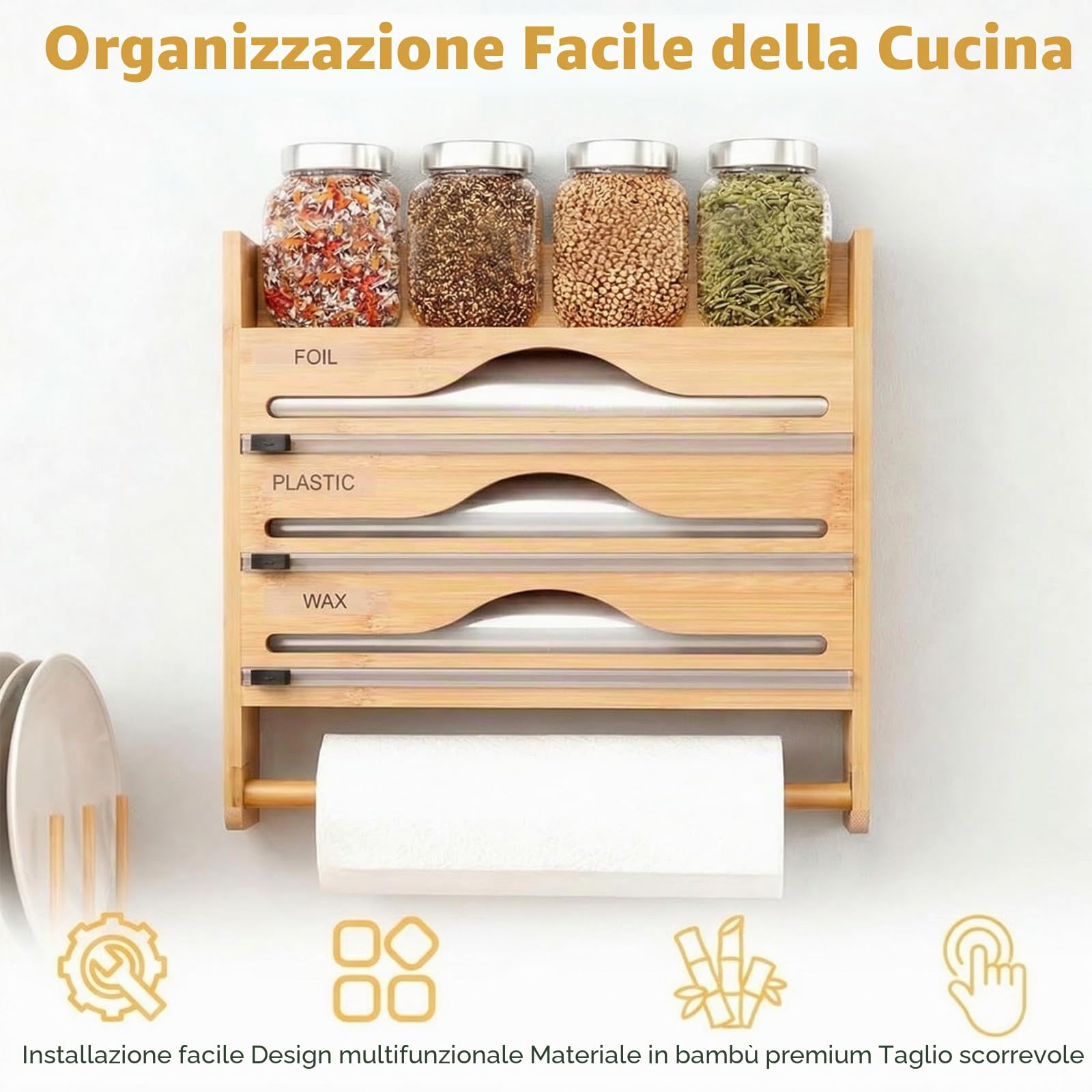 Dispenser di pellicola con taglierino,porta pellicola per cucina,pellicola di alluminio di bambù e pellicola trasparente organizer con coltello da taglio