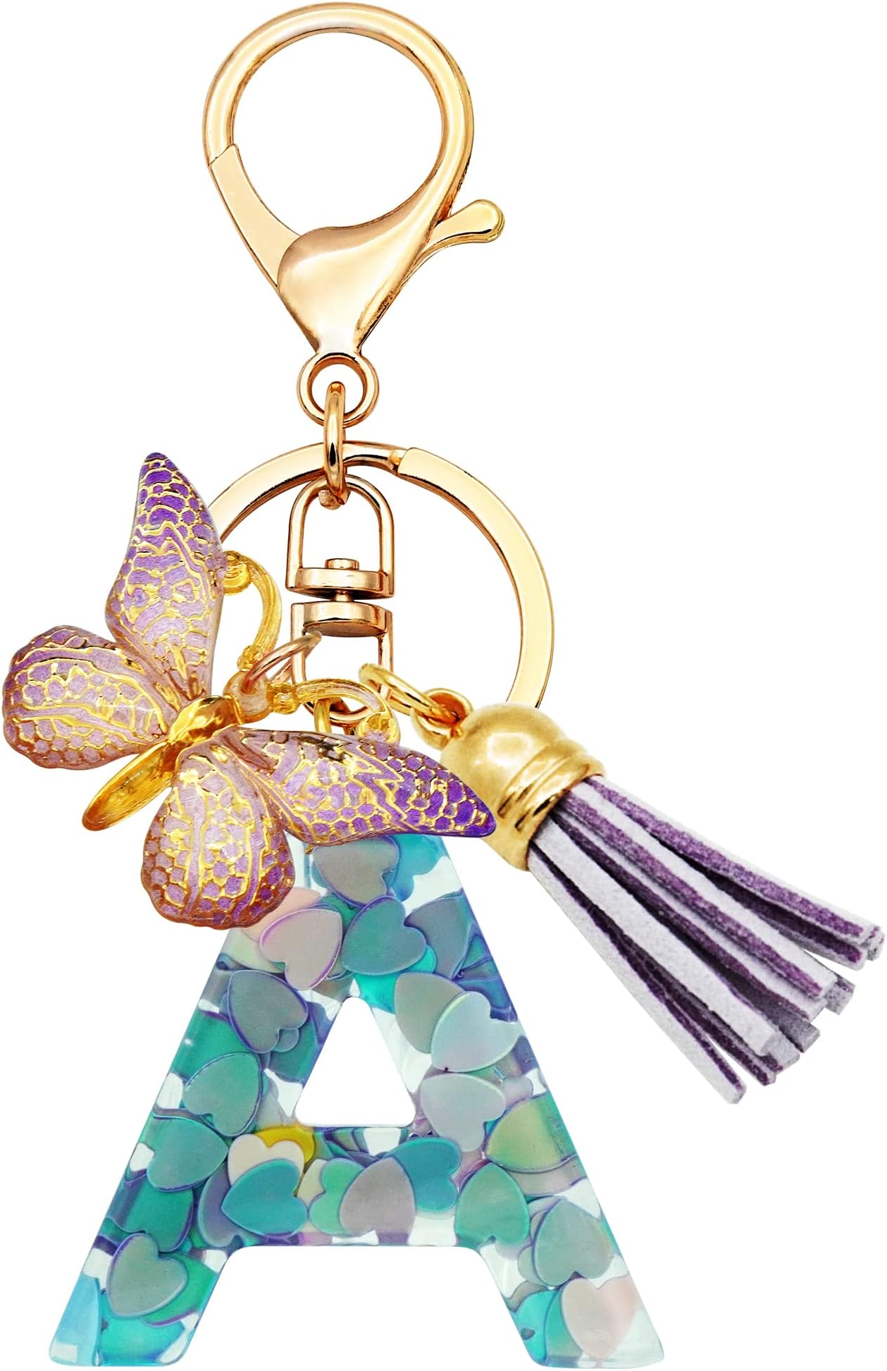 TTYY Initial Letter Keychains for Girls Women Pink Purple Green Cute Butterfly Heart Keychain for Backpack School Bag