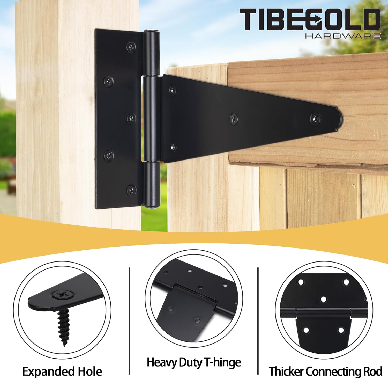 4 Inch T-Strap Gate Hinges, Heavy Duty Shed Door Hinges, Black Tee Hinges for Wooden Fences, Yard Gates, Rustproof Wrought Iron Hardware, 6 Pack