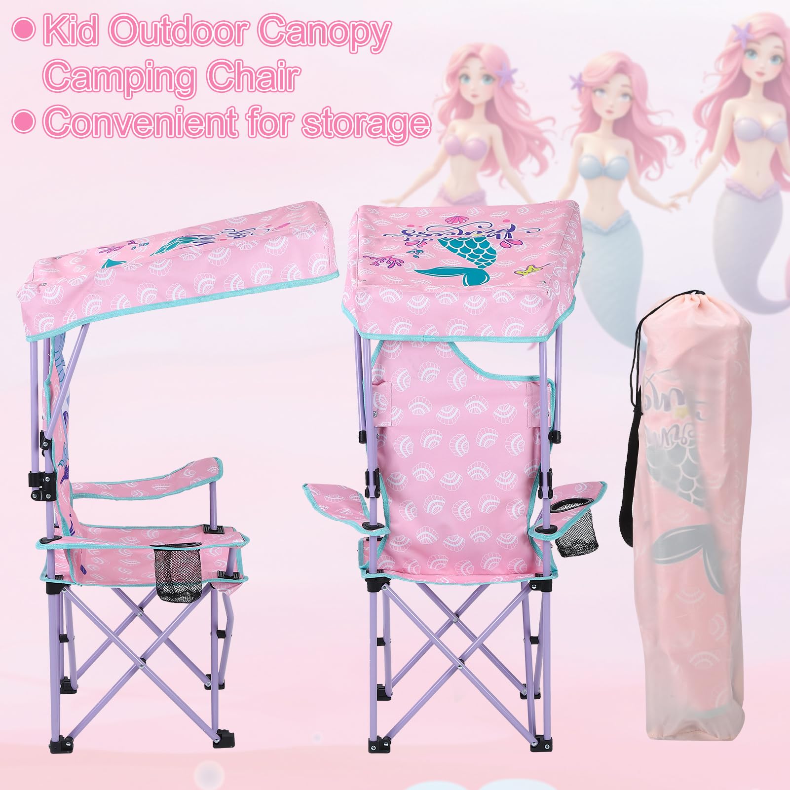 Silla de camping para niños con sombrilla, silla plegable con soporte para bebidas, silla de jardín portátil, silla de playa rosa, silla de camping para niños, para parque jardín, viajes al