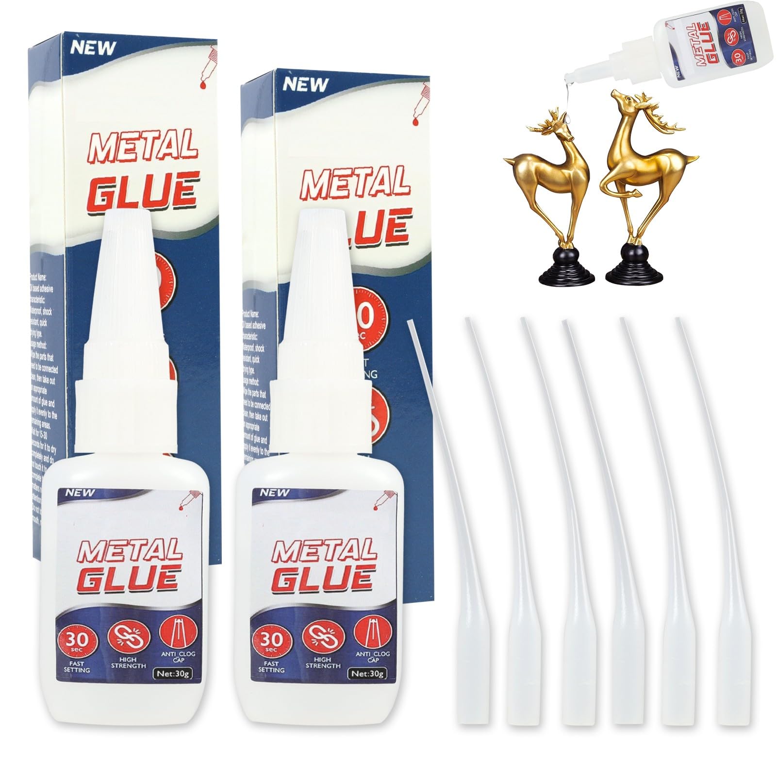 Metal Glue Extra Strong 60g High Strength Bonds Metal to Metal Adhesive Waterproof Heat Resistant Anti-Clog Cap 2 x 30g Dual Pack Glue for Metal Glass Plastic Ceramic Repair