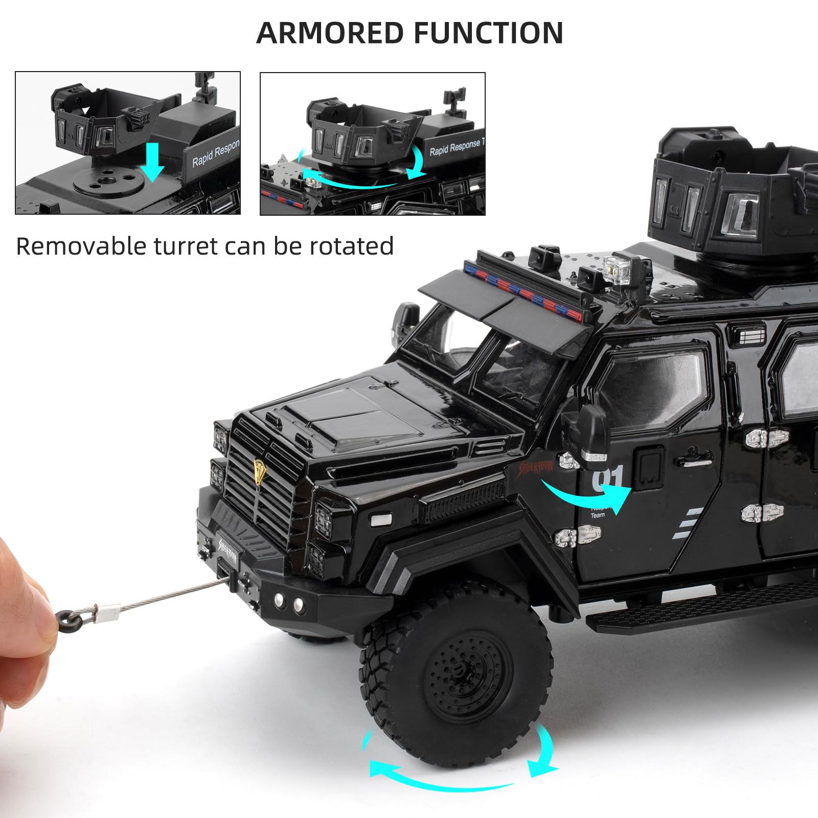 Compatible con el modelo de automóvil blindado de aleación de tigre dentado de sable 1:24, juguete coleccionable de vehículo blindado fundido a presión, juguete de juguete con sonido y luz 4