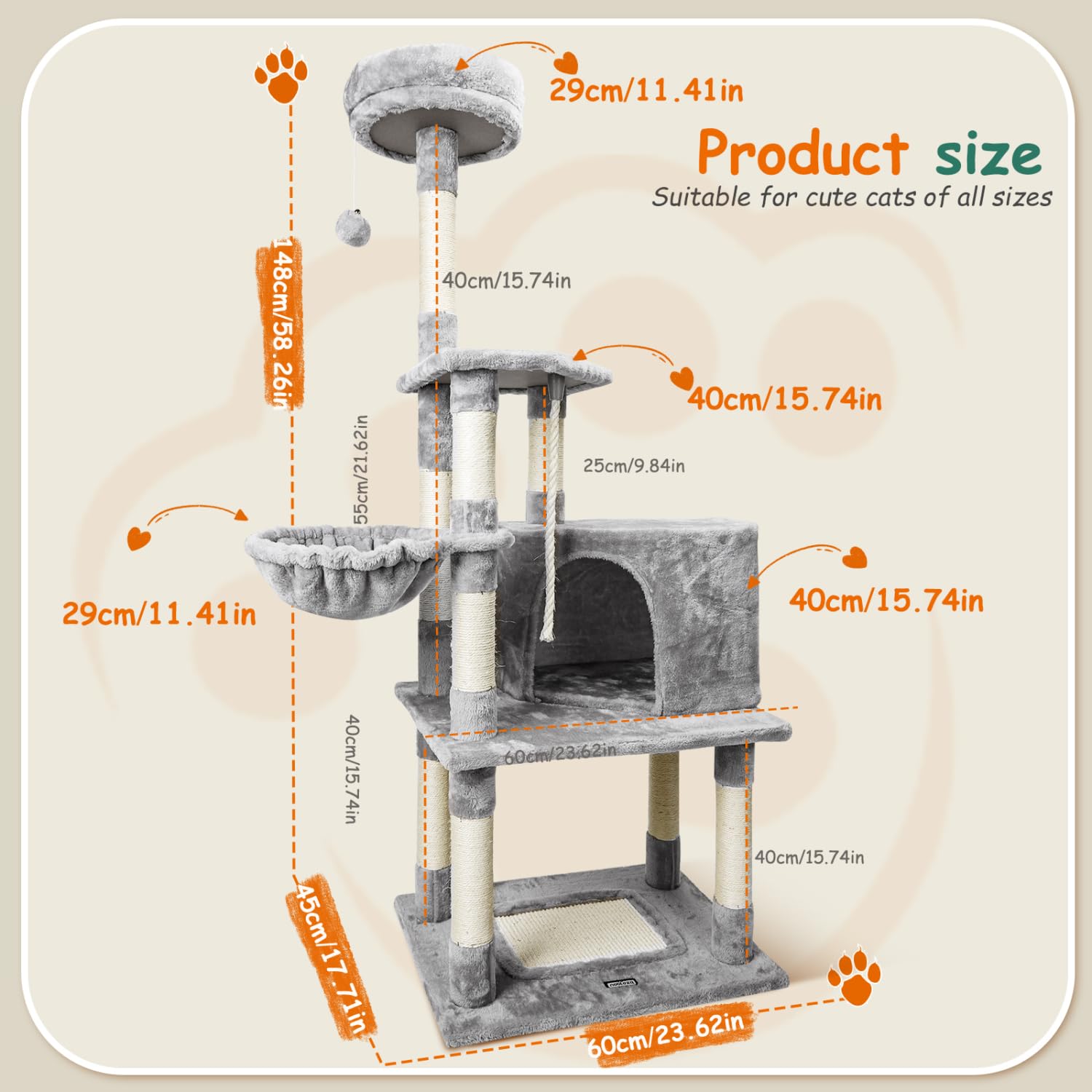 Nobleza Albero per Gatti 148 cm, Tiragraffi con Amaca, 9 Pali Sisal, 2 Piattaforme, Pompon e Cuscino, Gioco per Gatti Adulti, Grigio