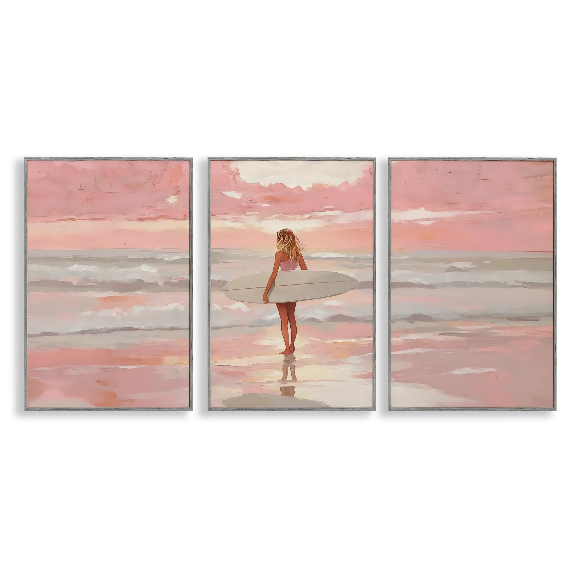 Stupell Industries 'Pink Sky Surfer Sunrise', 3pc Framed Giclee Art Set 3, Gray, 12 x 18 Inches, Easy to Hang and Sturdy, Made in USA, by LSR Design Studio